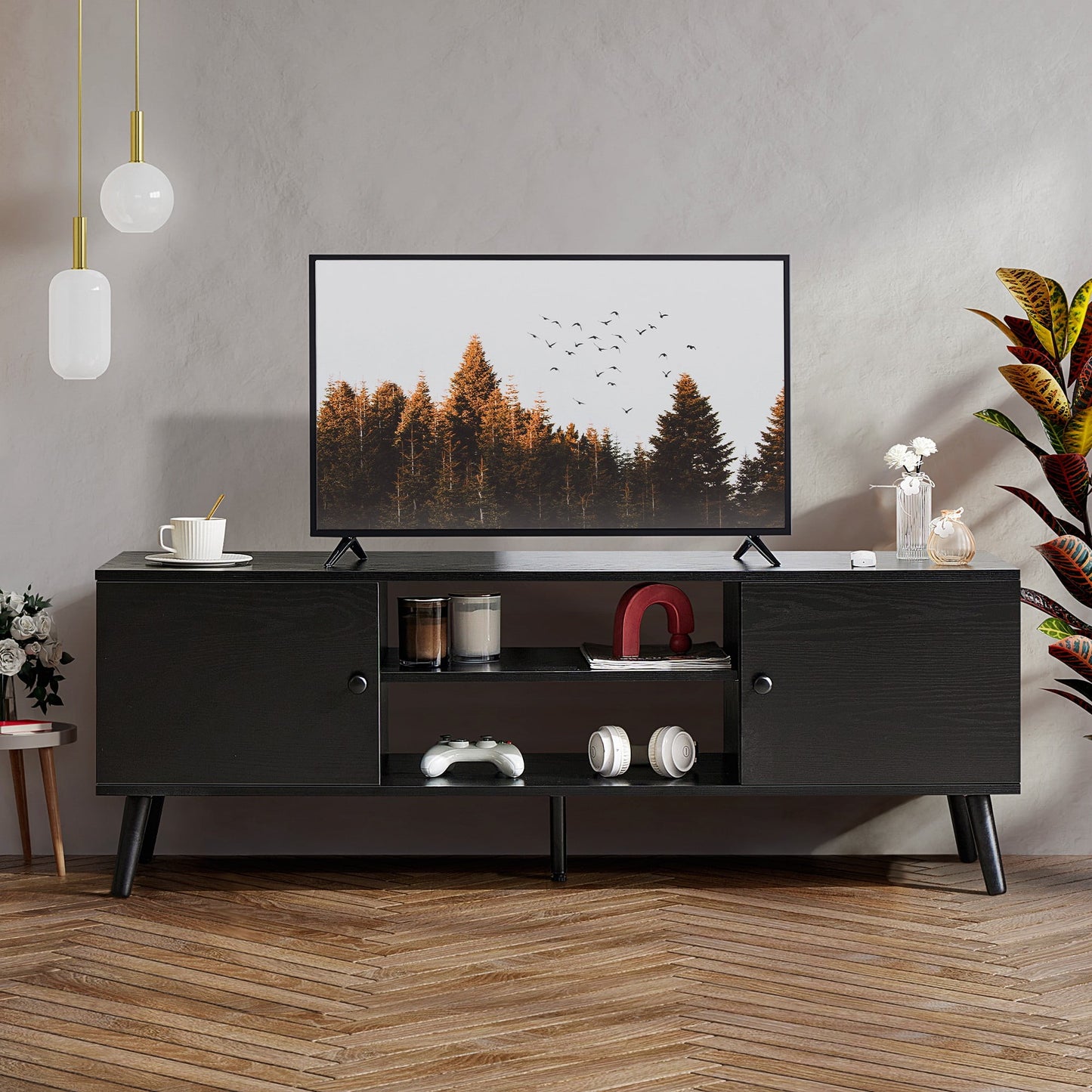 GIANNA Mid-Century Modern Wooden TV Stand for 55-60†TVs, 2 Storage Cabinets, Adjustable Shelf, Cable Management, Sturdy Legs, Easy Assembly, Black
