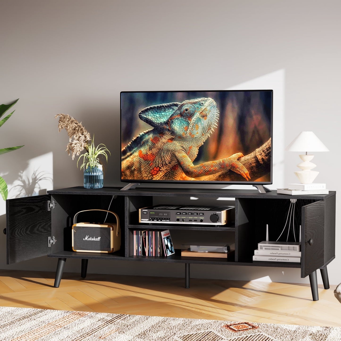 CONCETTA Wood TV Stand with 2 Storage Cabinets, Modern Entertainment Center for TVs up to 60 inches, Media Console with Adjustable Shelves and Cable Management, Black