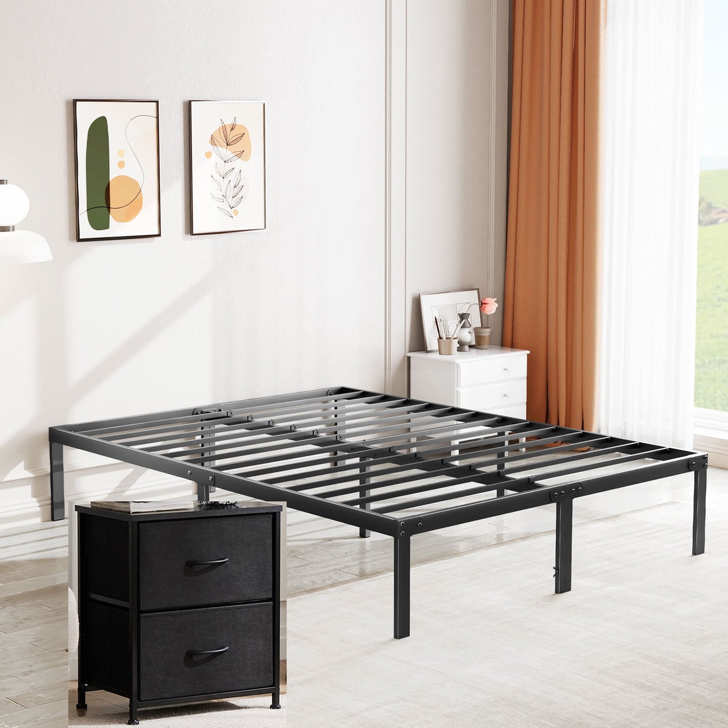 GIANNA Queen Base de Cama Tamaño y 2 Cajones de Tela, Mesita de Noche Negra, Soporte de Listones de Acero Resistente de 14 Pulgadas, No Necesita Box Spring