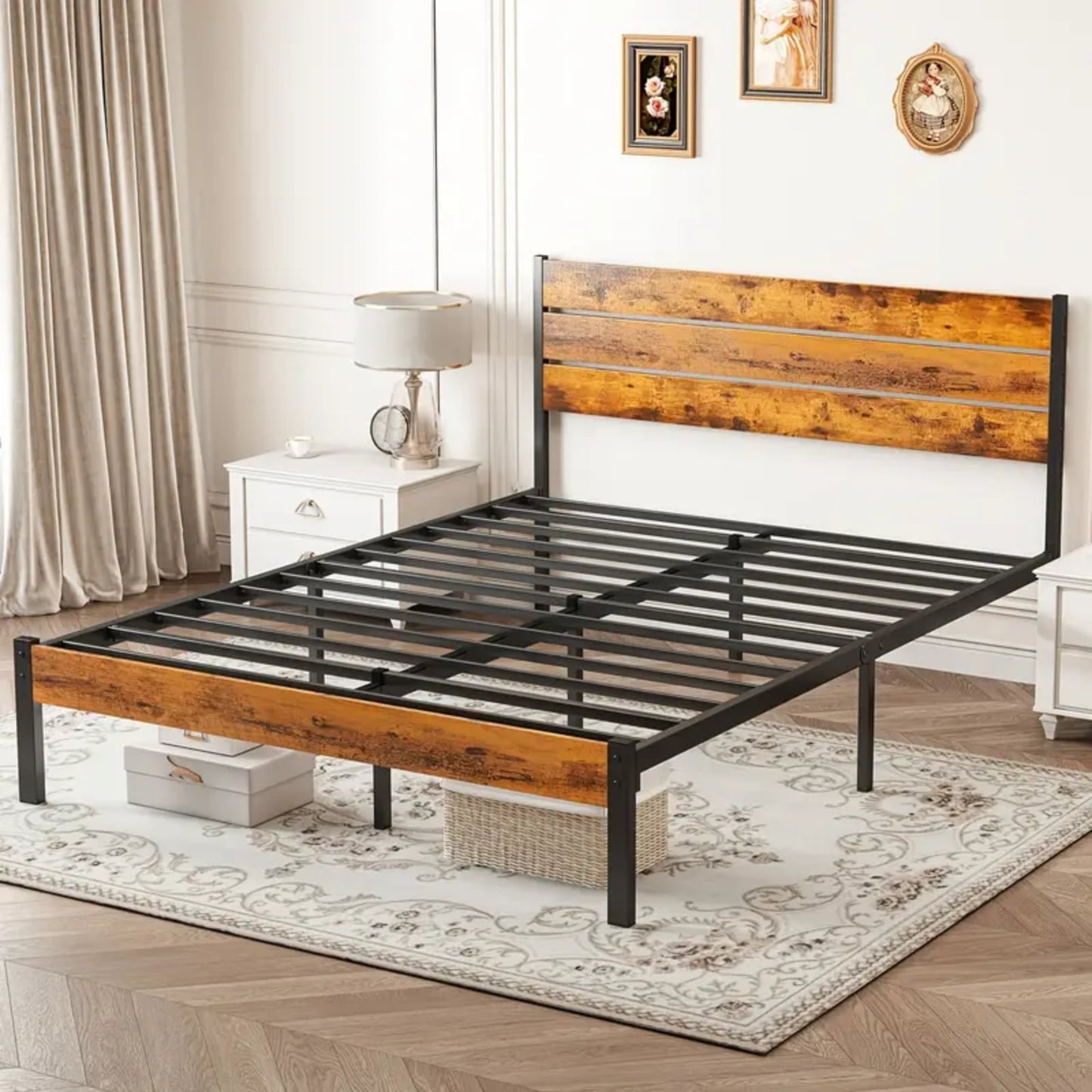 Gianna Full Metal Bed Frame with Headboard, Underbed Storage, Sturdy Steel Slats, No Box Spring Needed, Brown