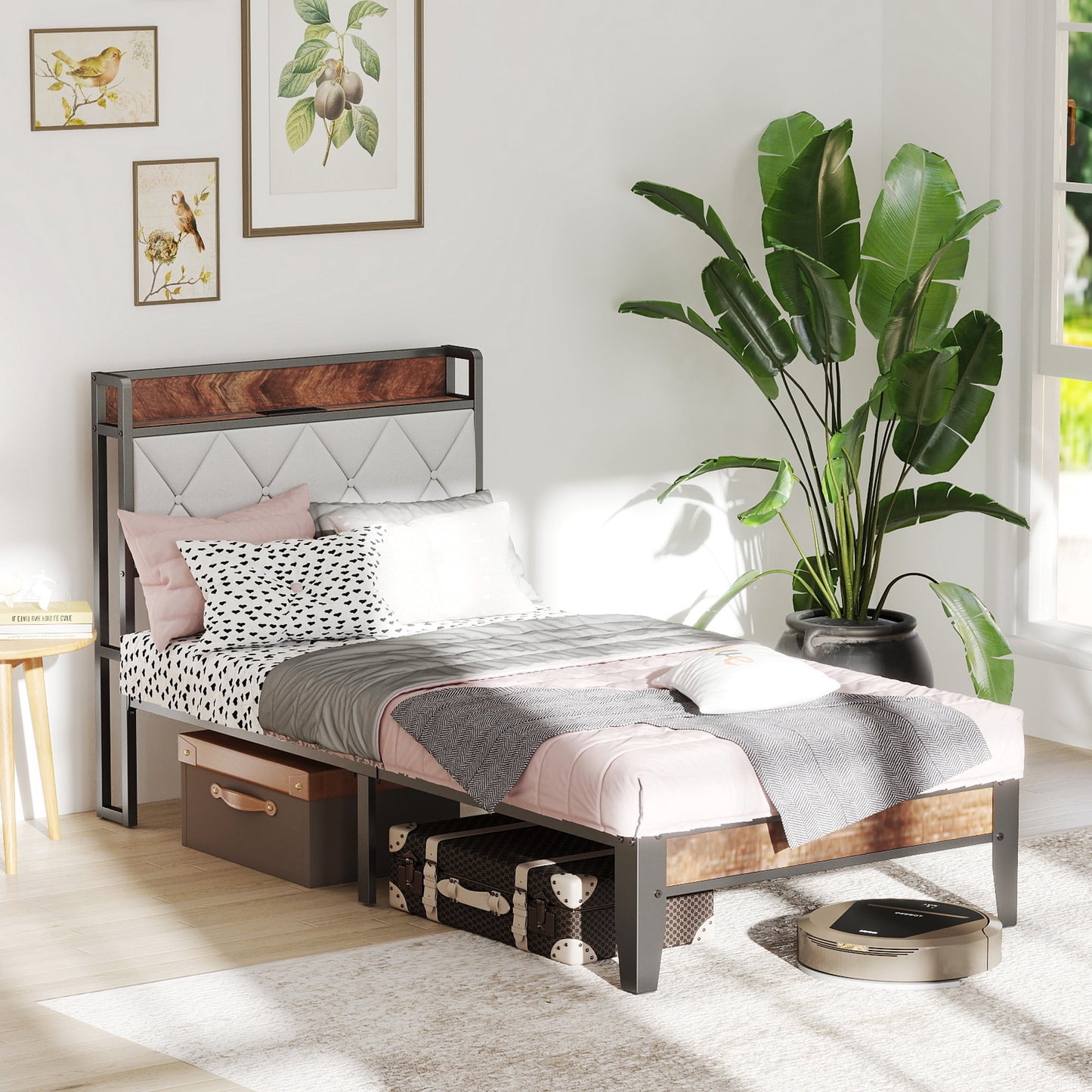GIANNA Twin Bed Frame with Headboard, Underbed Storage, Built-in Charging Ports, Sturdy Noiseless Design, Tool-Free Assembly, No Box Spring Needed