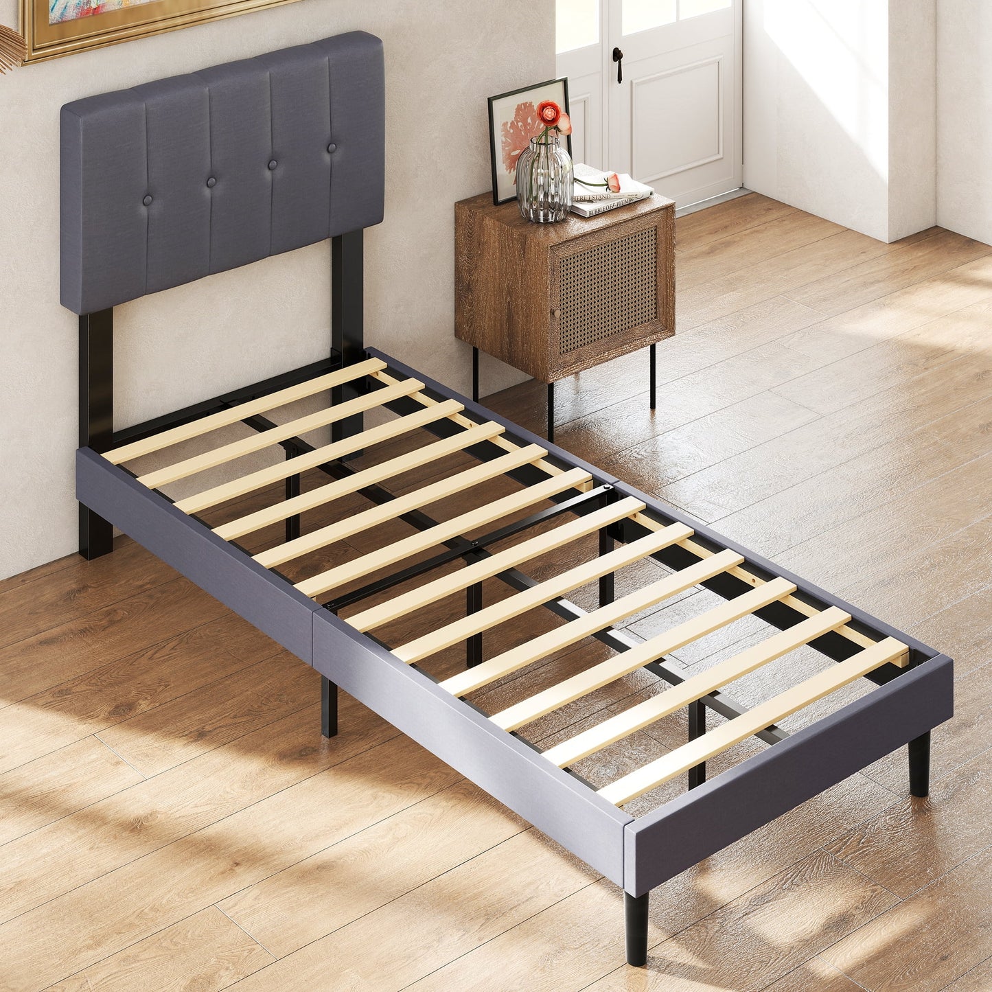 GIANNA Queen Size Platform Bed – Fabric Upholstered, Sturdy Wood Slats, No Box Spring Needed, Grey