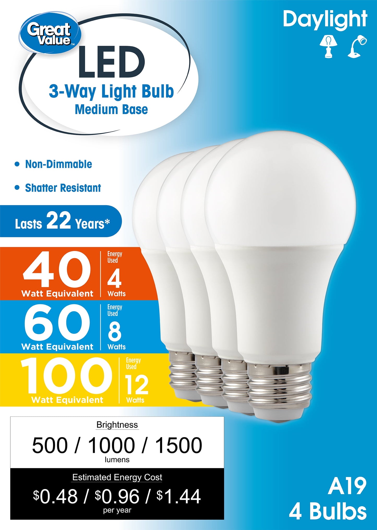 Great Value Bombilla LED A19 de 3 VÃas, 40/60/100 Watts Seleccionable, Luz de DÃa Base E26 Mediana (Paquete de 4)