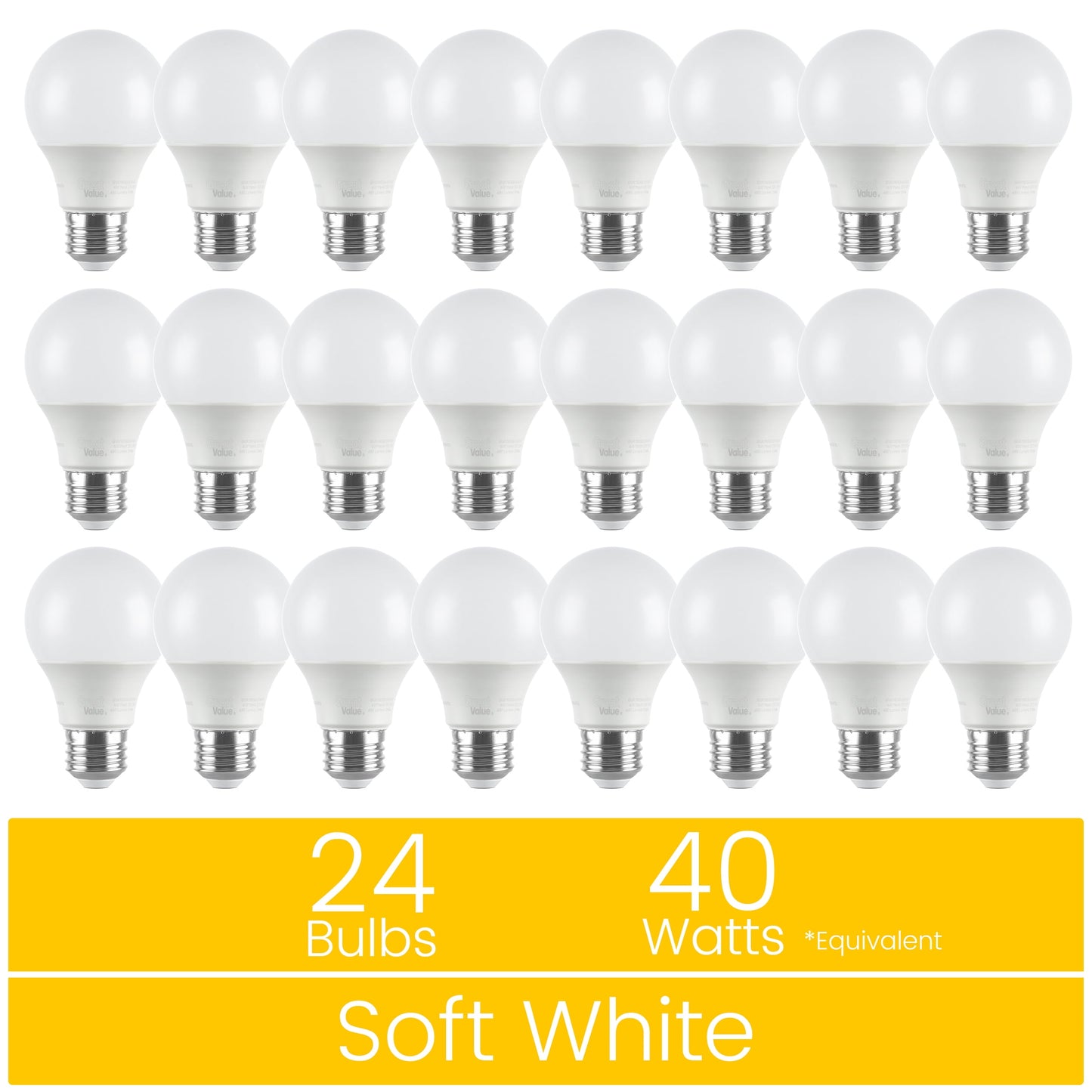 Great Value 18YR A19 LED Light Bulb, 6W (40W Equivalent) Dimmable Soft White E26 Medium Base, 24 Pack
