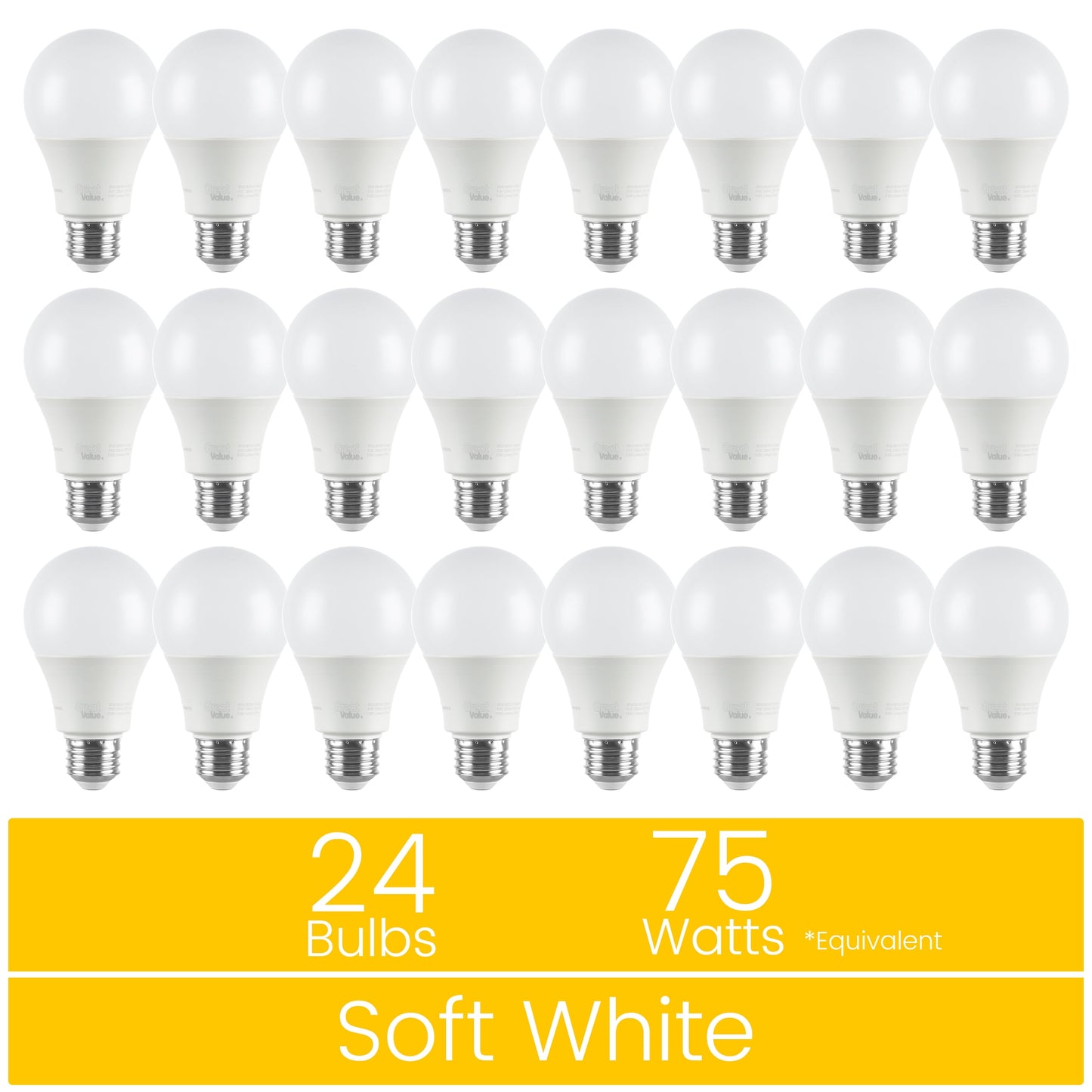 Great Value 18YR A19 LED Light Bulb, 11W (75W Equivalent) Dimmable Soft White E26 Medium Base, 24 Pack