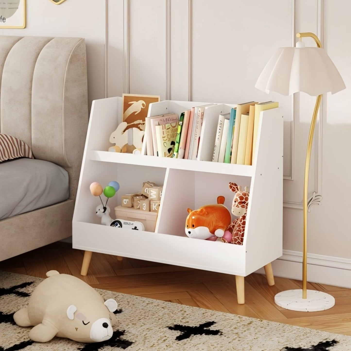 Gewnee Children's Bookshelf and Toy Storage Rack, 5-Level Wooden Bookshelf, Two-Layer Storage Display Stand with Legs, Suitable for Bedrooms, Baby Rooms,White