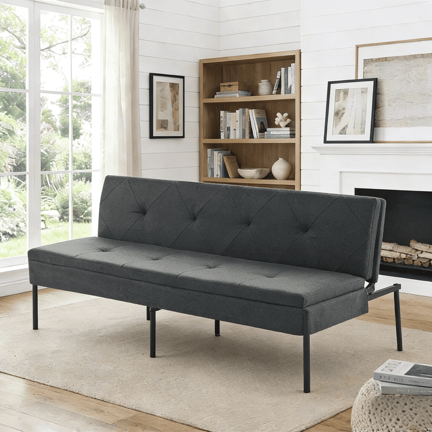 Gewnee 63.39â€Futon Sofa Bed,Convertible Sleeper Couch - Iron Frame & 5 Adjustable Positions,Folding Sofa Bed for Living Room,Office,Apartment,Dark Grey