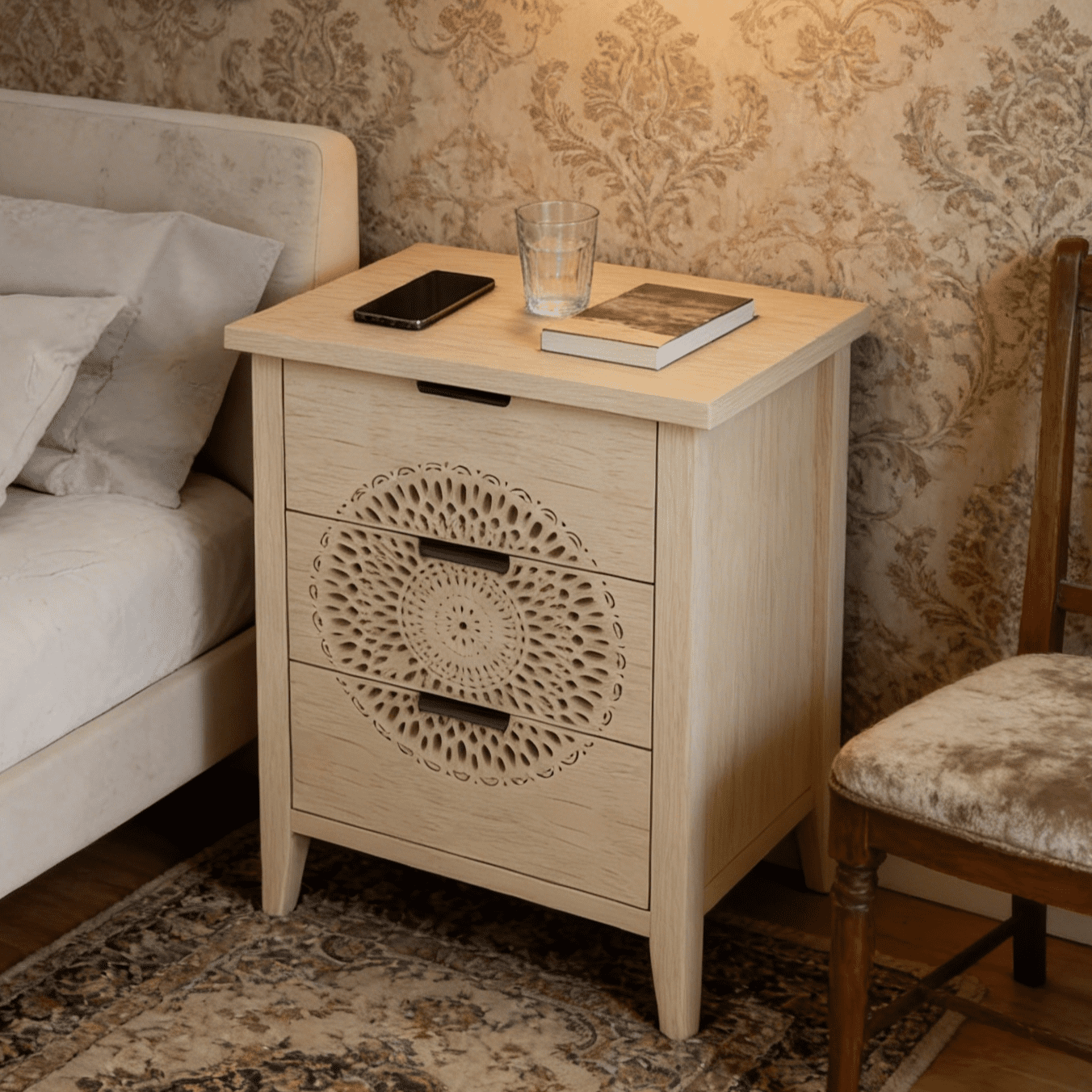 Gewnee Hollow-Carved 3-Drawer Storage Dresser Chest with Metal Handles, Modern Accent Furniture for Living Room & Bedroom