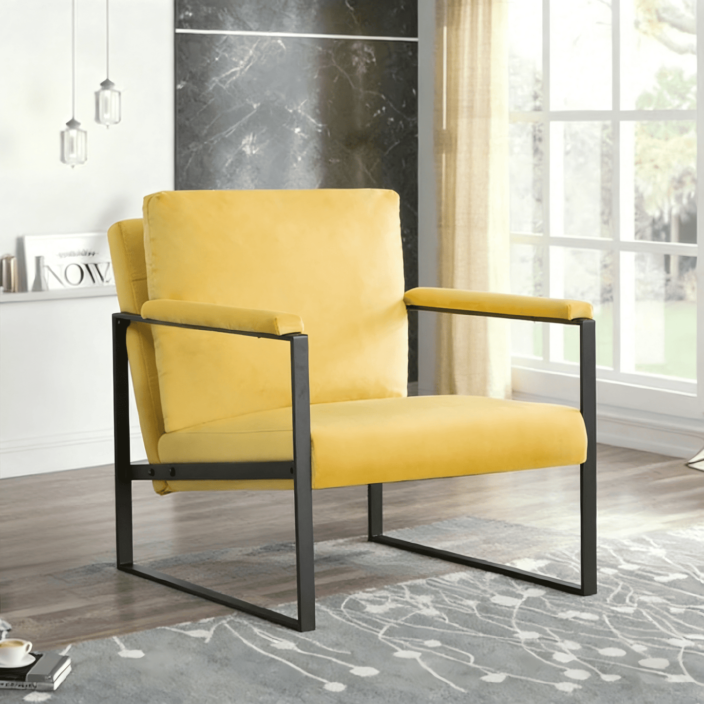Gewnee Yellow 26.8†Metal Frame Accent Armchair, Velvet Upholstery with Removable Cushion for Living Room Den