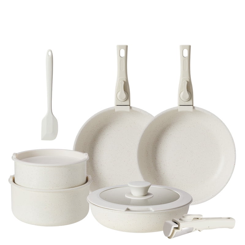 Gianna 12 Pcs Non-Stick Cookware Set, Pots and Pans Set, with Spatula & Detachable Handle for Kitchen, Beige