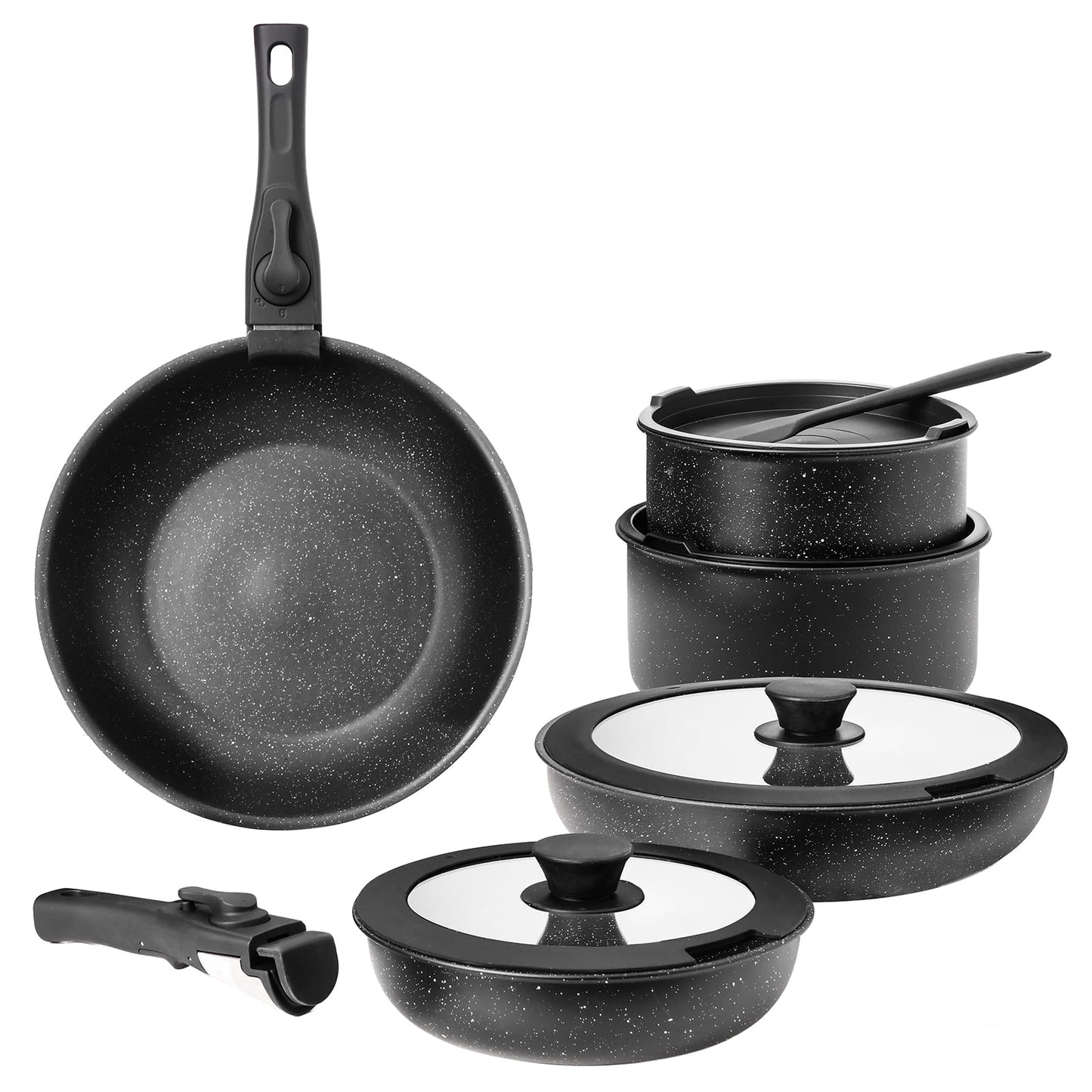 Gianna Juego de Utensilios de Cocina Antiadherentes de 12 Pzas, Juego de Ollas y Sartenes, con Espátula y Mango Desmontable para Cocina, Negro