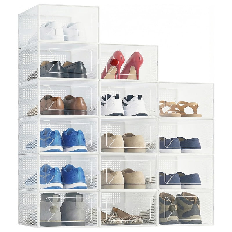 Gianna 15 Pack Stackable Shoe Box , Plastic Storage Organizer for Closet Hallway Bedroom, Holds Shoes up to US Size 11,White