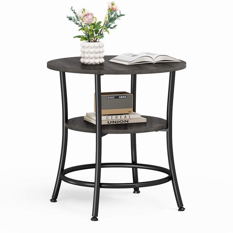 Gianna 2-Tier Round Side Table,Space-Saving End Table for Small Living Room & Bedroom,Wood Grain Gray
