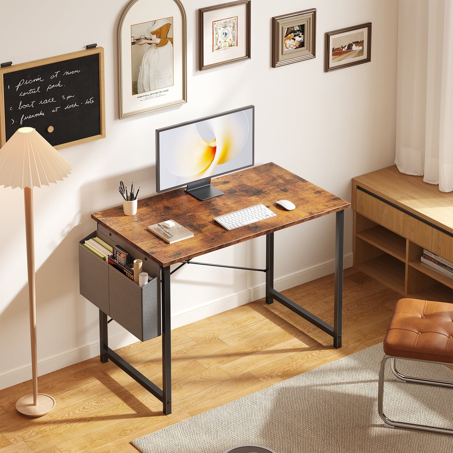 Gianna 40" Computer Desk with Metal Frame, Waterproof Surface and Storage Bag – Perfect for Office Use, Rust Brown