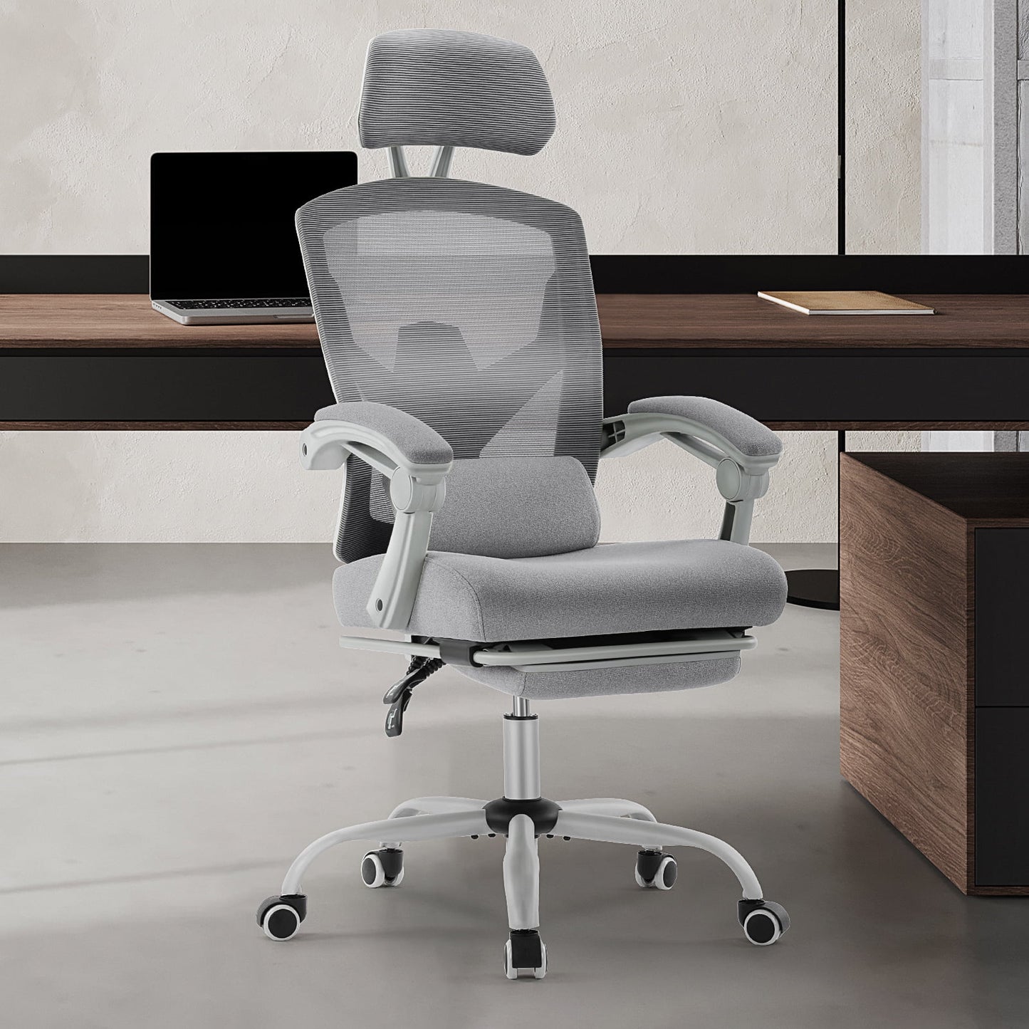 Gianna High-Back Ergonomic Mesh Office Chair with Lumbar Support, Adjustable Headrest, Footrest, and Padded Armrests for Maximum Comfort, Gray