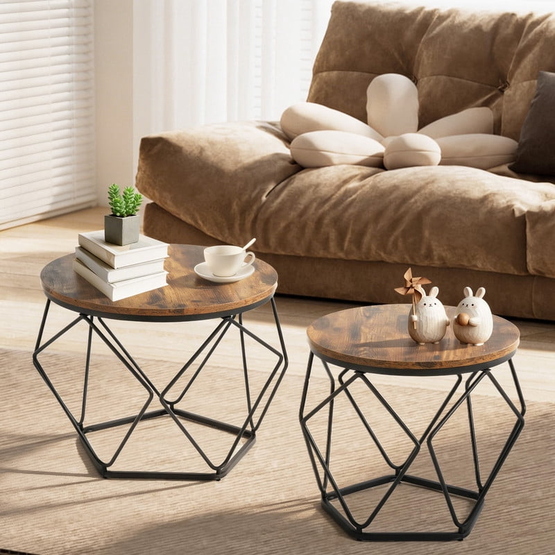 Gianna Modern Geometric Coffee Table Set of 2, Round Nesting Side Tables with Hidden Storage, Movable End Tables for Living Room Decor & Practical Use,Black