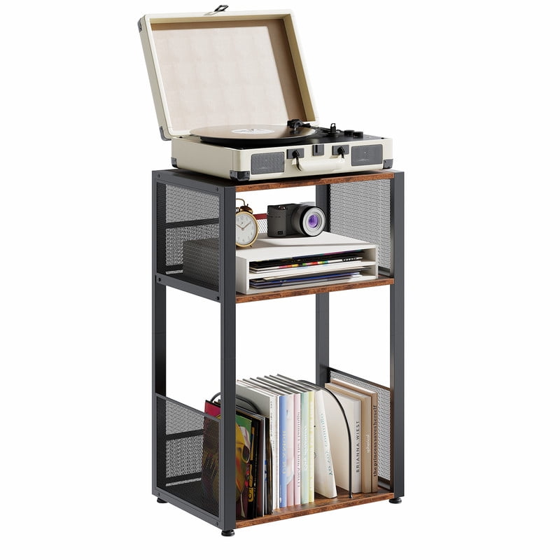 Gianna Record Player Stand, 3 Tier Turntable Table with Vinyl Storage for up to 100 Albums, End Side Table for Living Room,Rust Brown