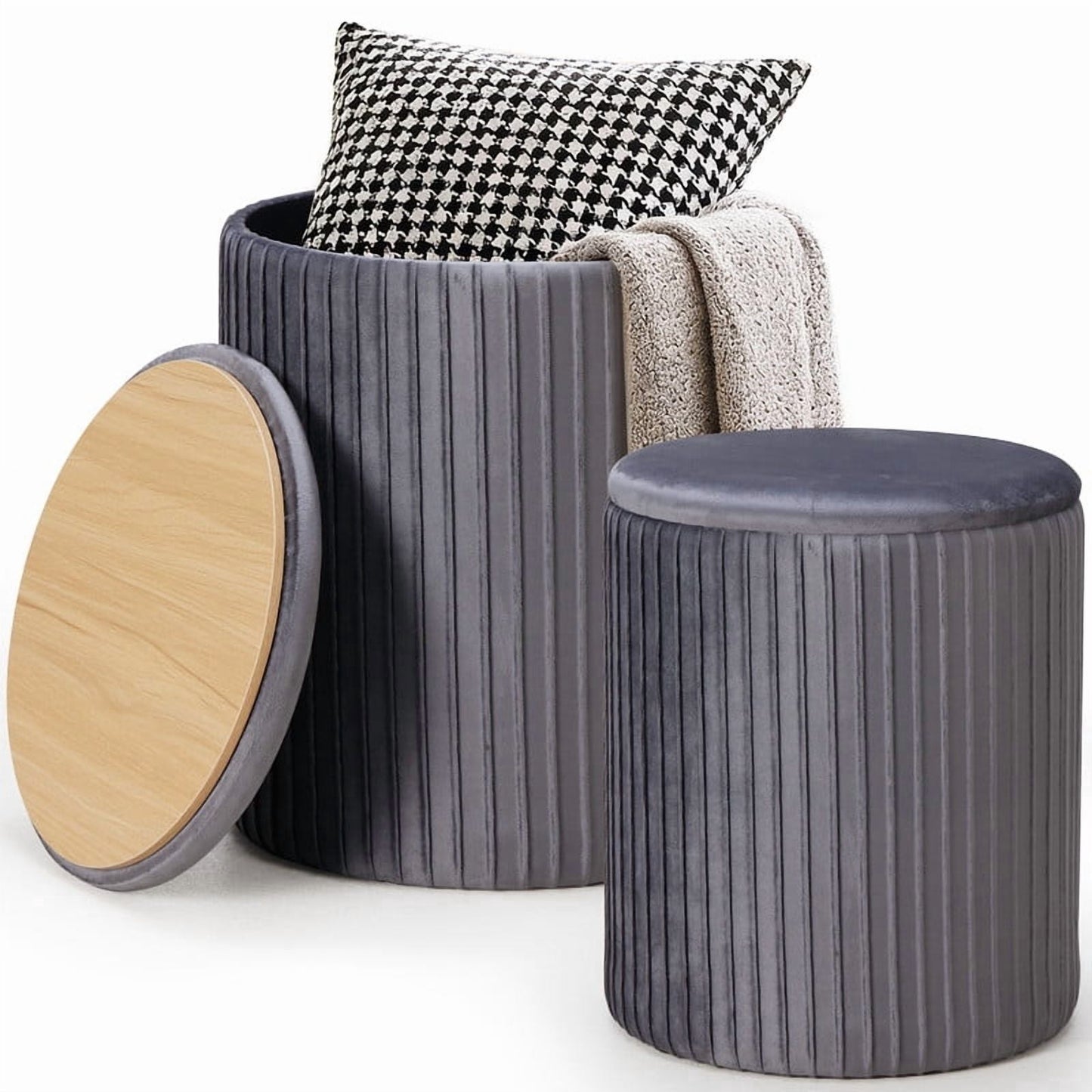 Gianna Round Ottoman Set of 2 with Reversible Seat, Upholstered Vanity Stool, Comfortable Footrest With Storage for Living Room, Bedroom, Gray