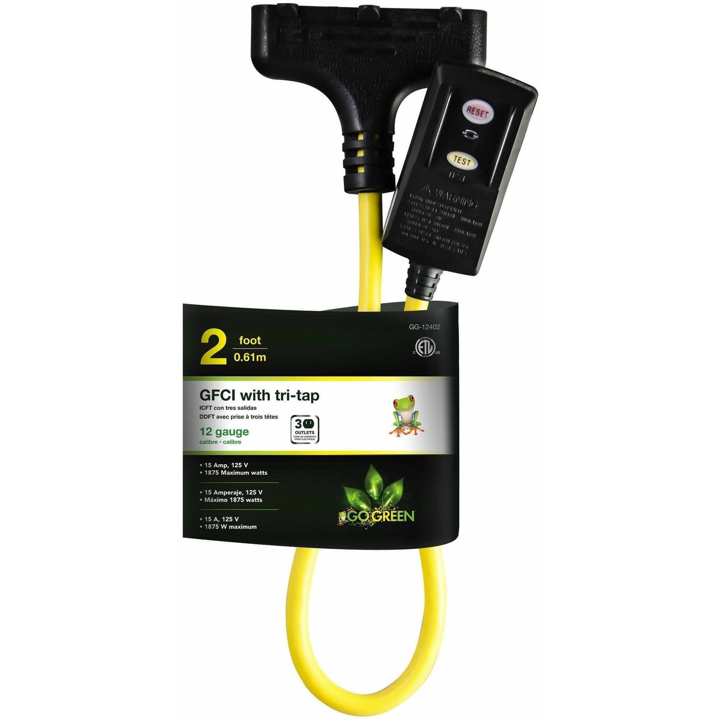 GoGreen Power 2' Portable Fault Interrupter (GFCI), Yellow, 12402