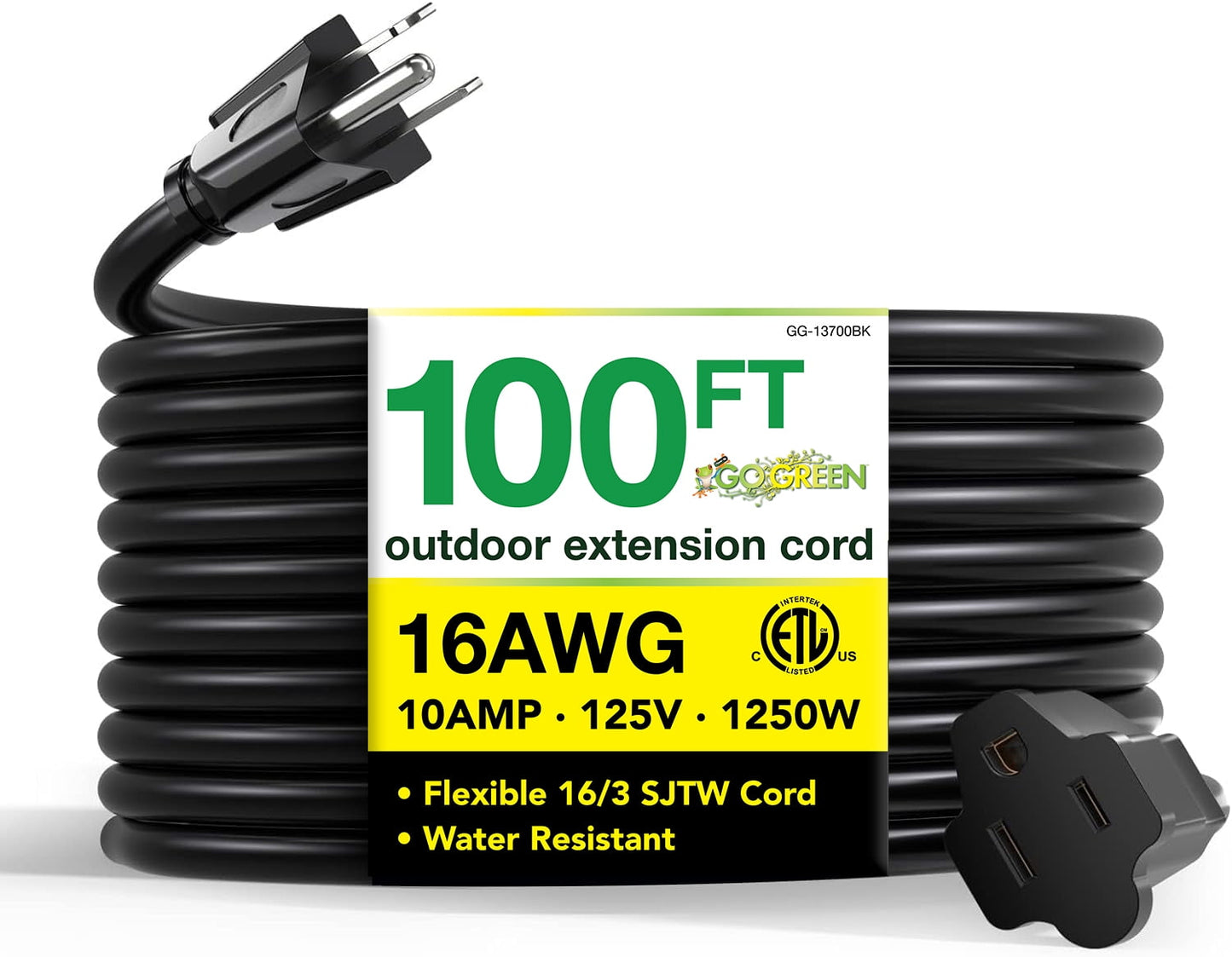 GoGreen Power Inc. 16/3 100ft Black Outdoor Extension Cord - Heavy Duty, Moisture Resistant - Perfect for Tools & Equipment - GG-13700BK