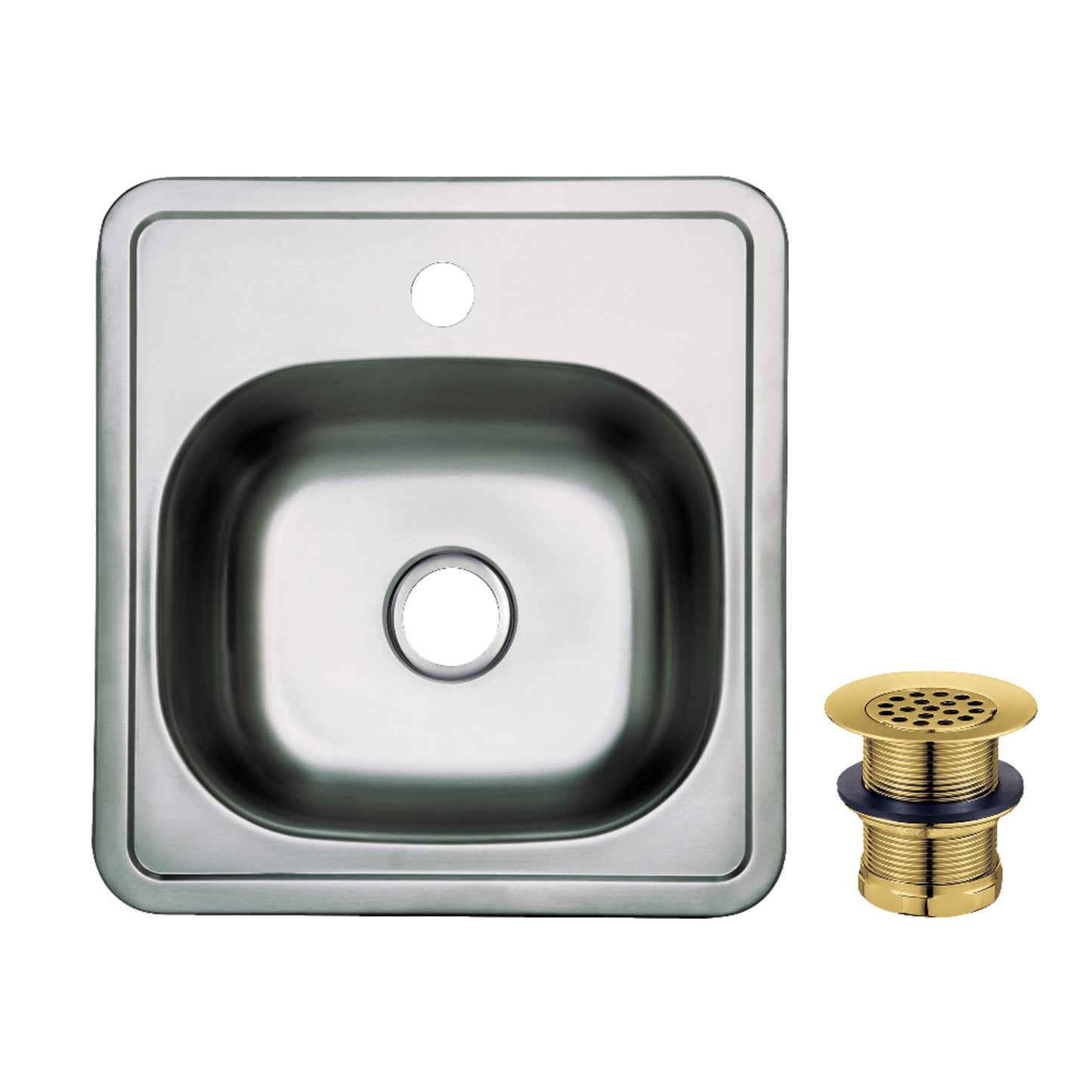 Gourmetier Studio KGKTS151517 15" Stainless Steel Self-Rimming Single Bowl Drop-In Bar Prep Sink with 1-Hole Drain and Strainer, Stainless Steel/Brushed Brass