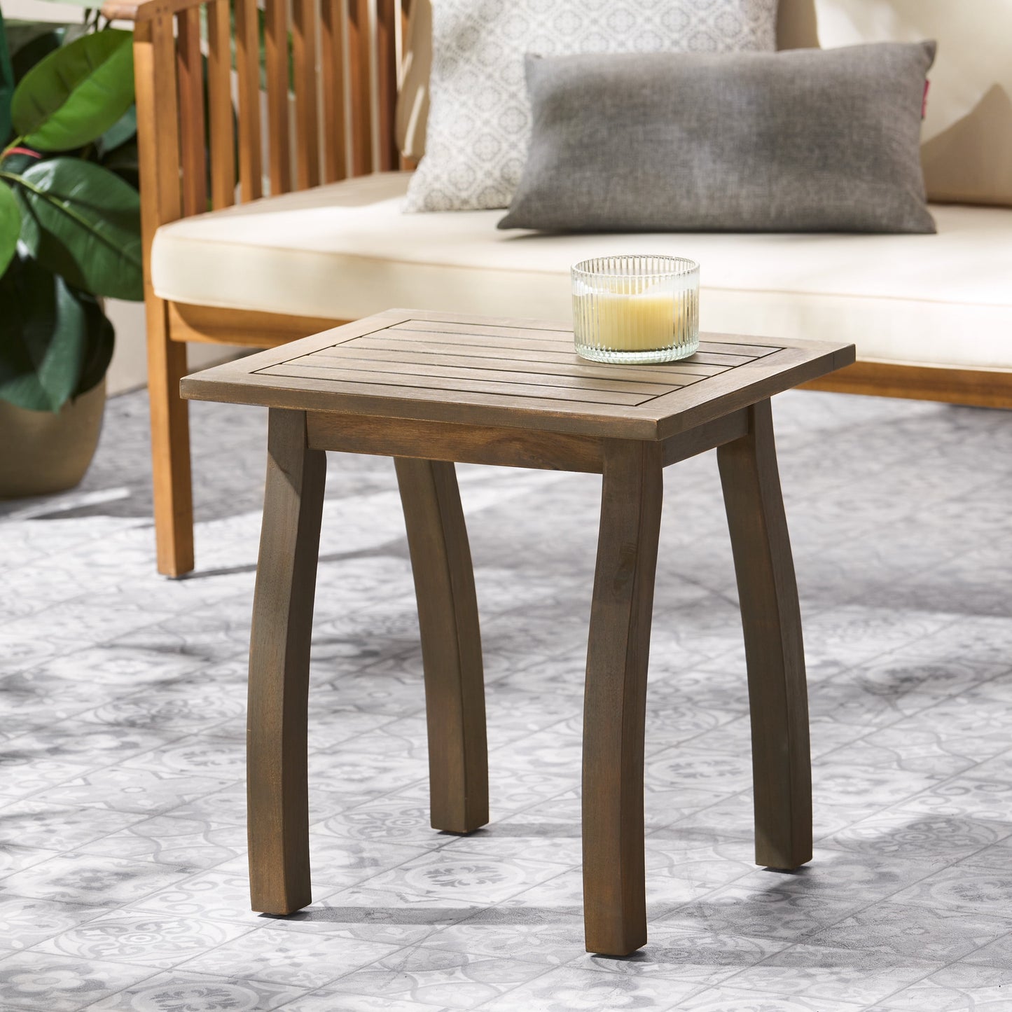 Gray Finish Acacia Wood Slatted Outdoor End Table, 15"D×19"W×19.25"H Coastal Patio Accent Side Table for Backyard Pool Deck Garden Furniture