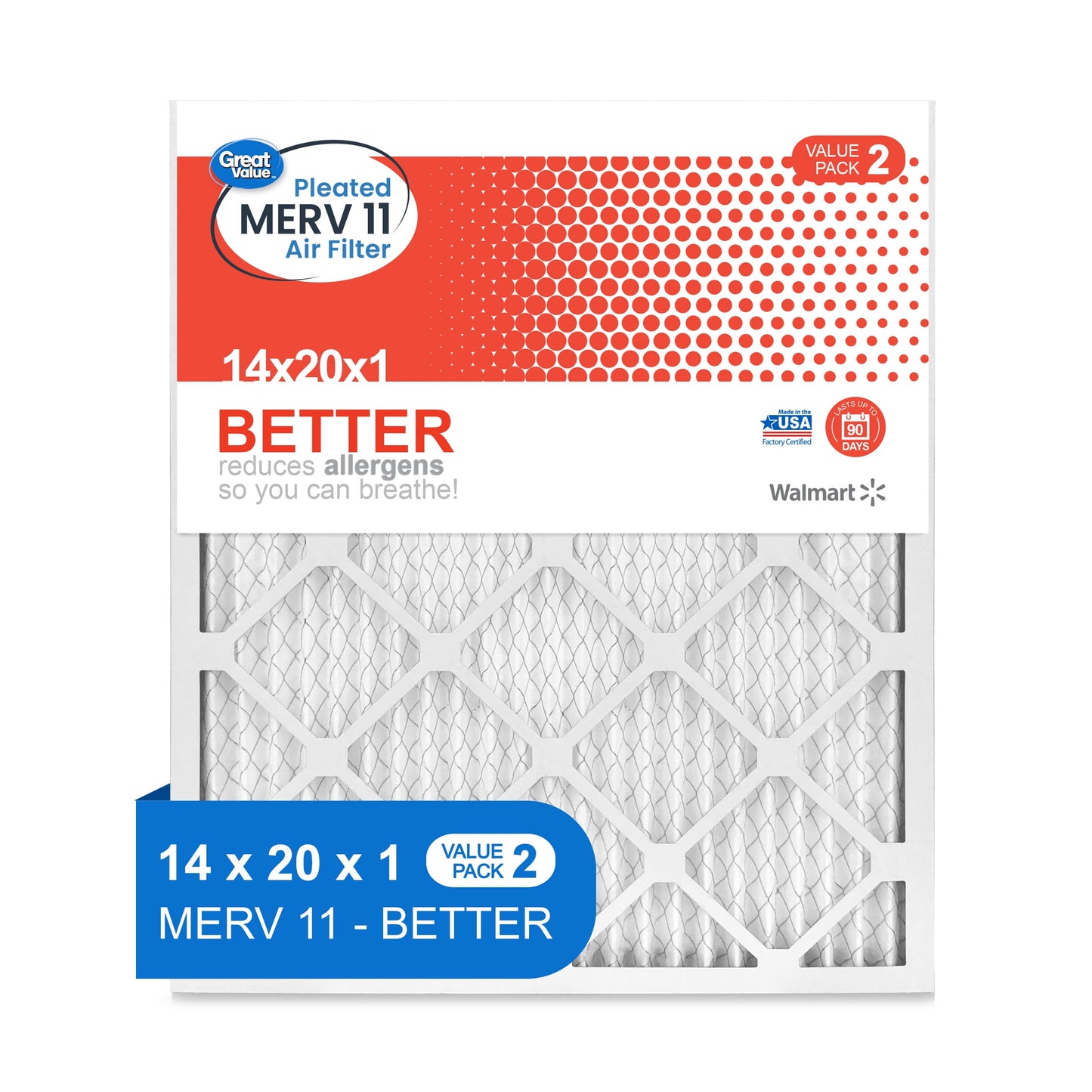 Great Value; 14x20x1; MERV 11 BETTER HVAC Air and Furnace Filter; Reduces Allergens; 2 Filters