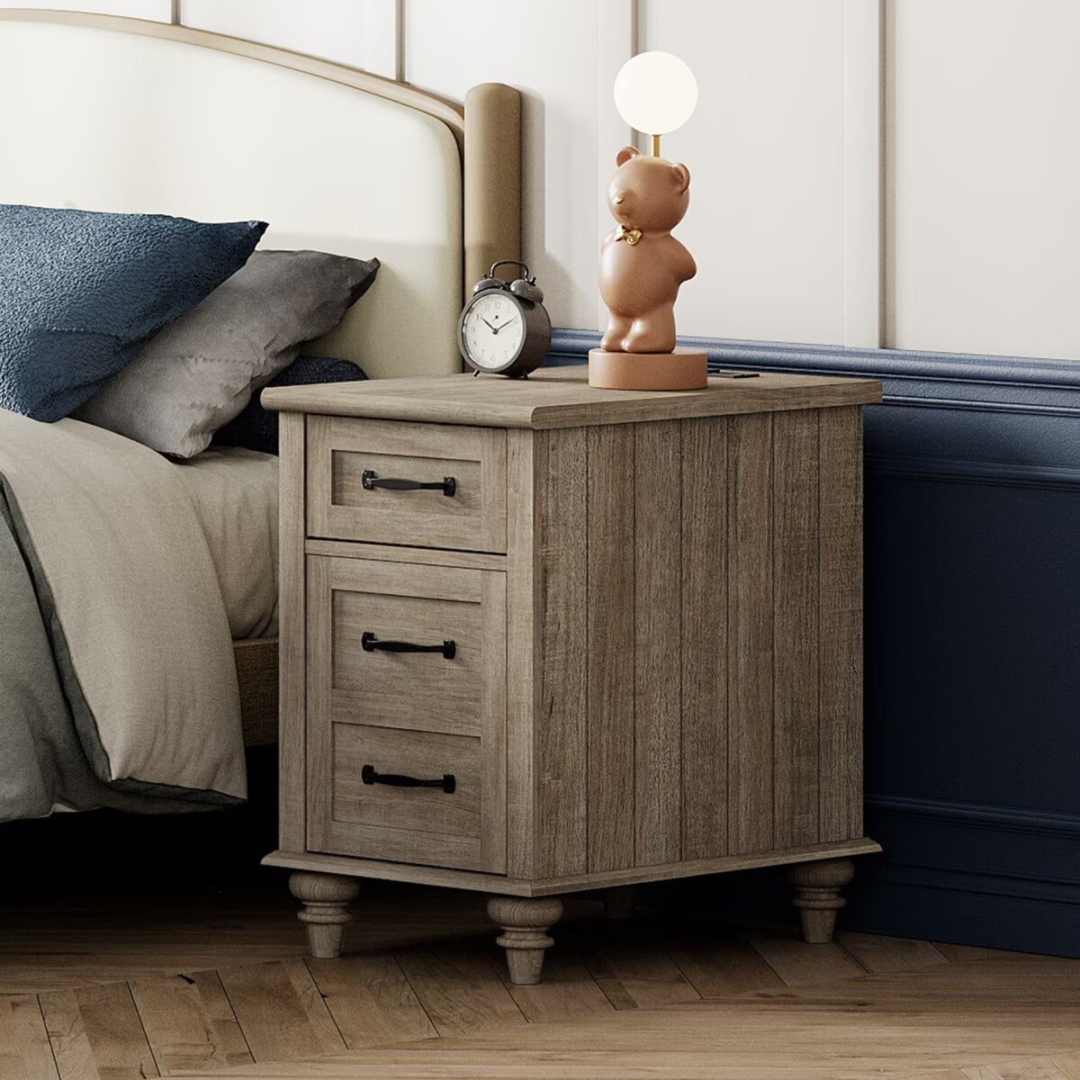 Mesa Auxiliar Gris con Cajón y Gabinete, Mesa Final Elegante con Estación de Carga, Mesa de Noche de Madera para Dormitorio, Sala de Estar