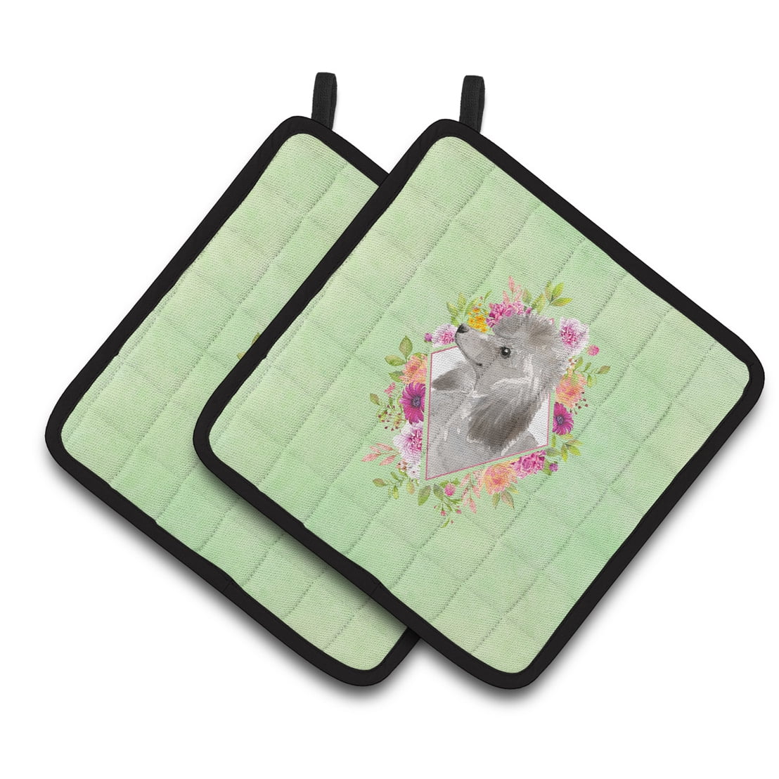 Grey Standard Poodle Green Flowers Pair of Pot Holders