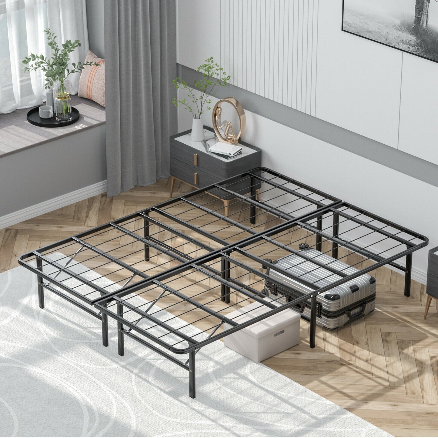 Gymax 14'' Queen Size Foldable Metal Platform Bed Mattress Foundation Tool-Free Assembly