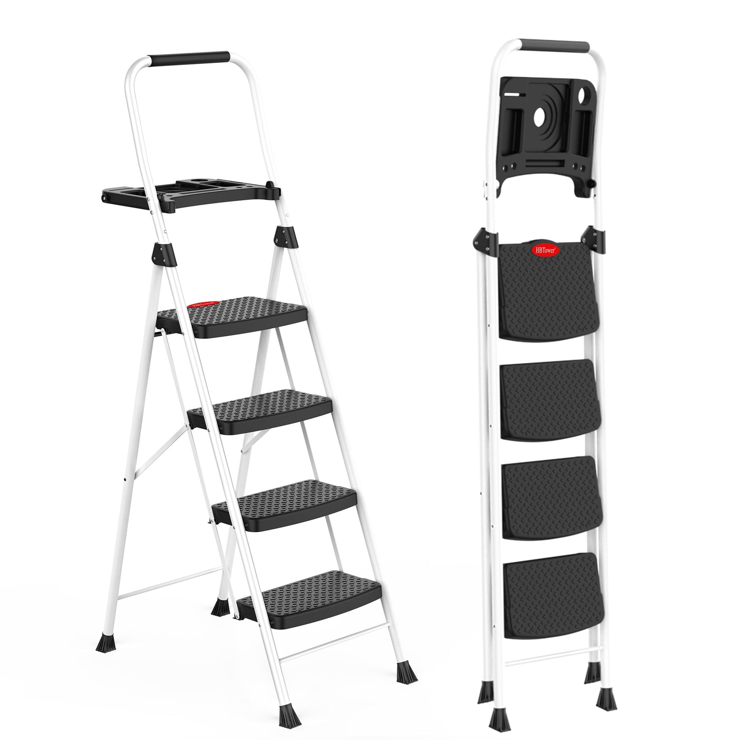 HBTower Folding 4 Step Ladder with Tool Tray, Wide Anti-Slip Pedal and Anti-Slip Feet, 330lbs Capacity, White