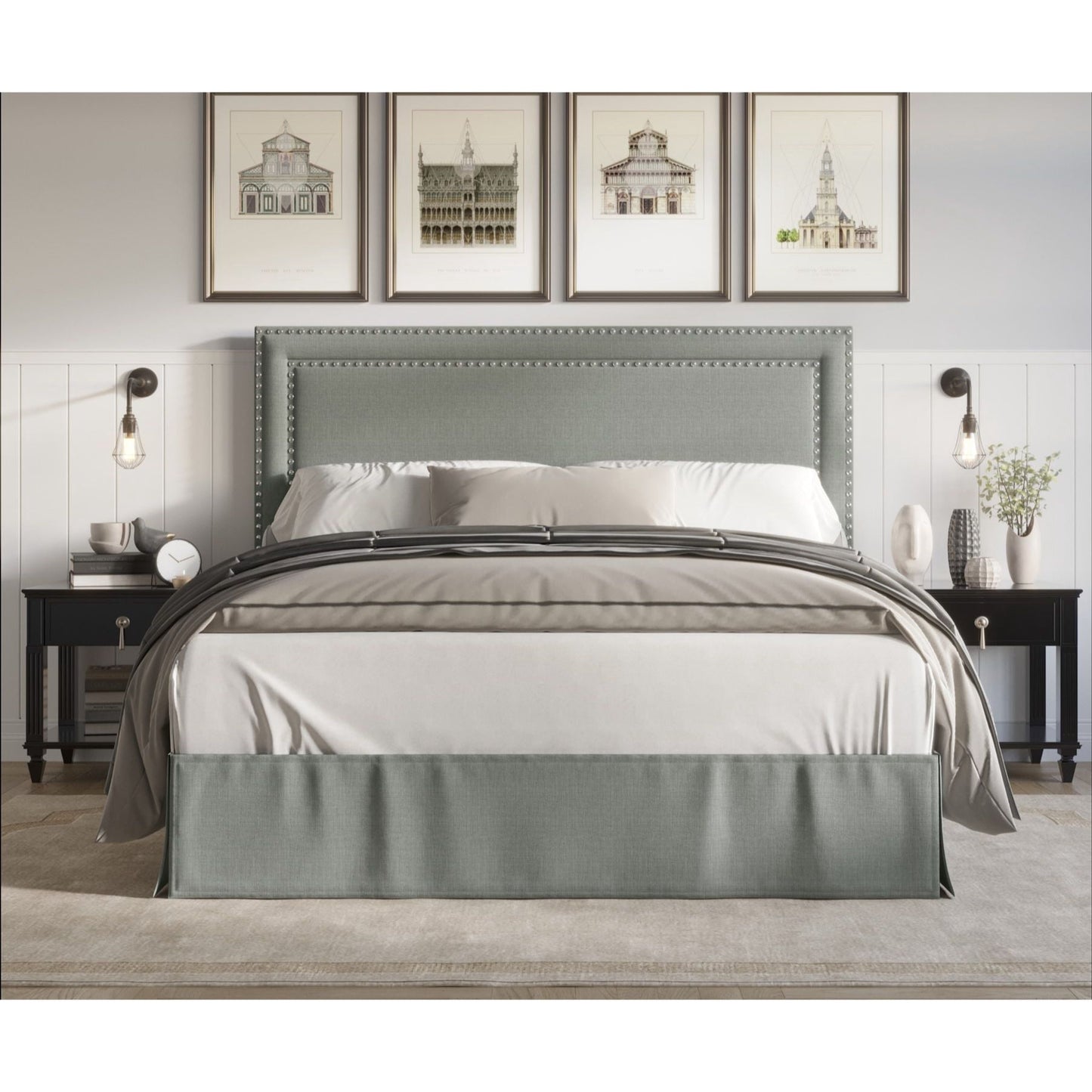 Home Design Keith Twin Upholstered Panel Bed Frame with Nailhead Trim, Gray – Adult Bedroom Furniture, Easy Assembly