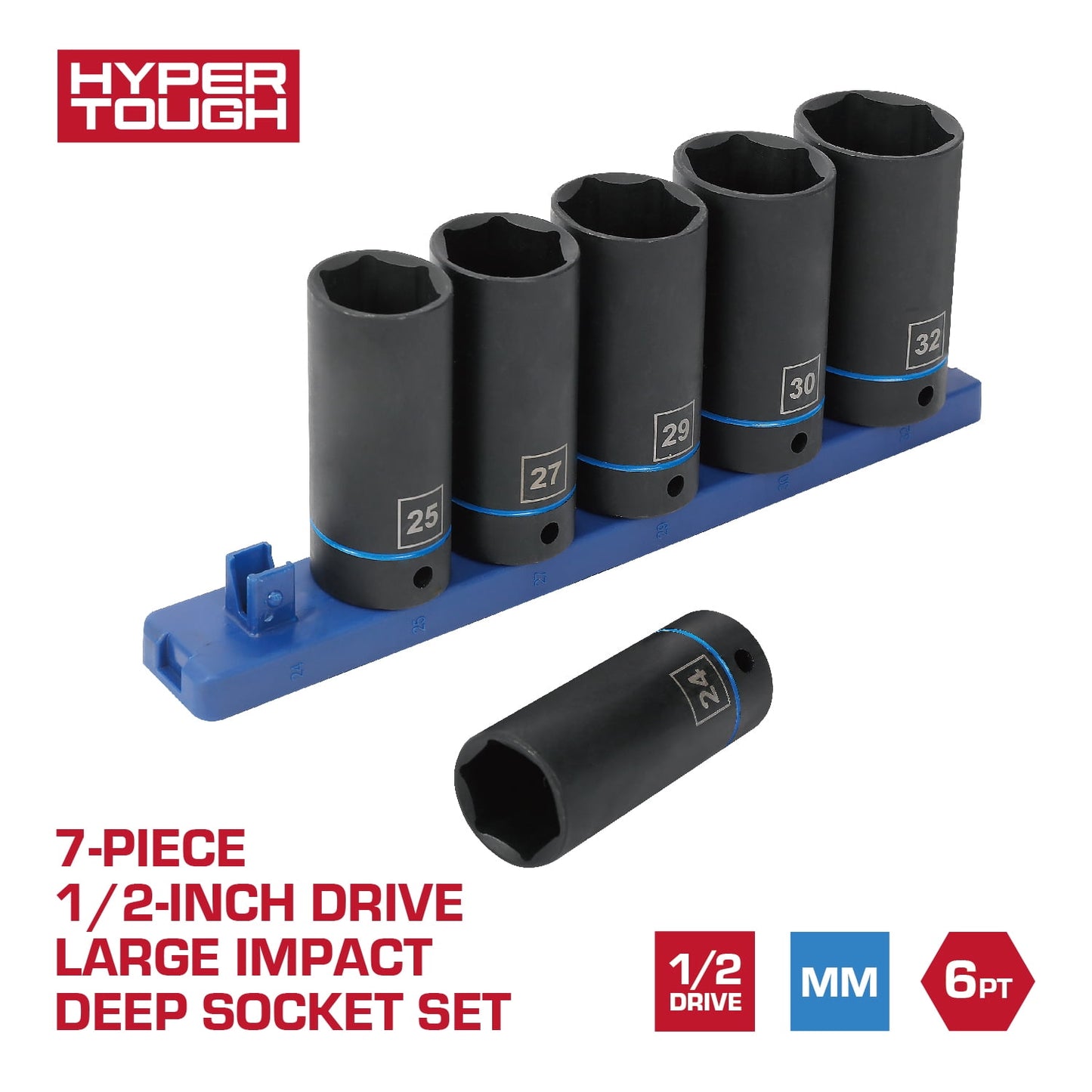 Hyper Tough Metric 1/2-inch Drive Large Impact Deep Socket Set, 7 Pieces
