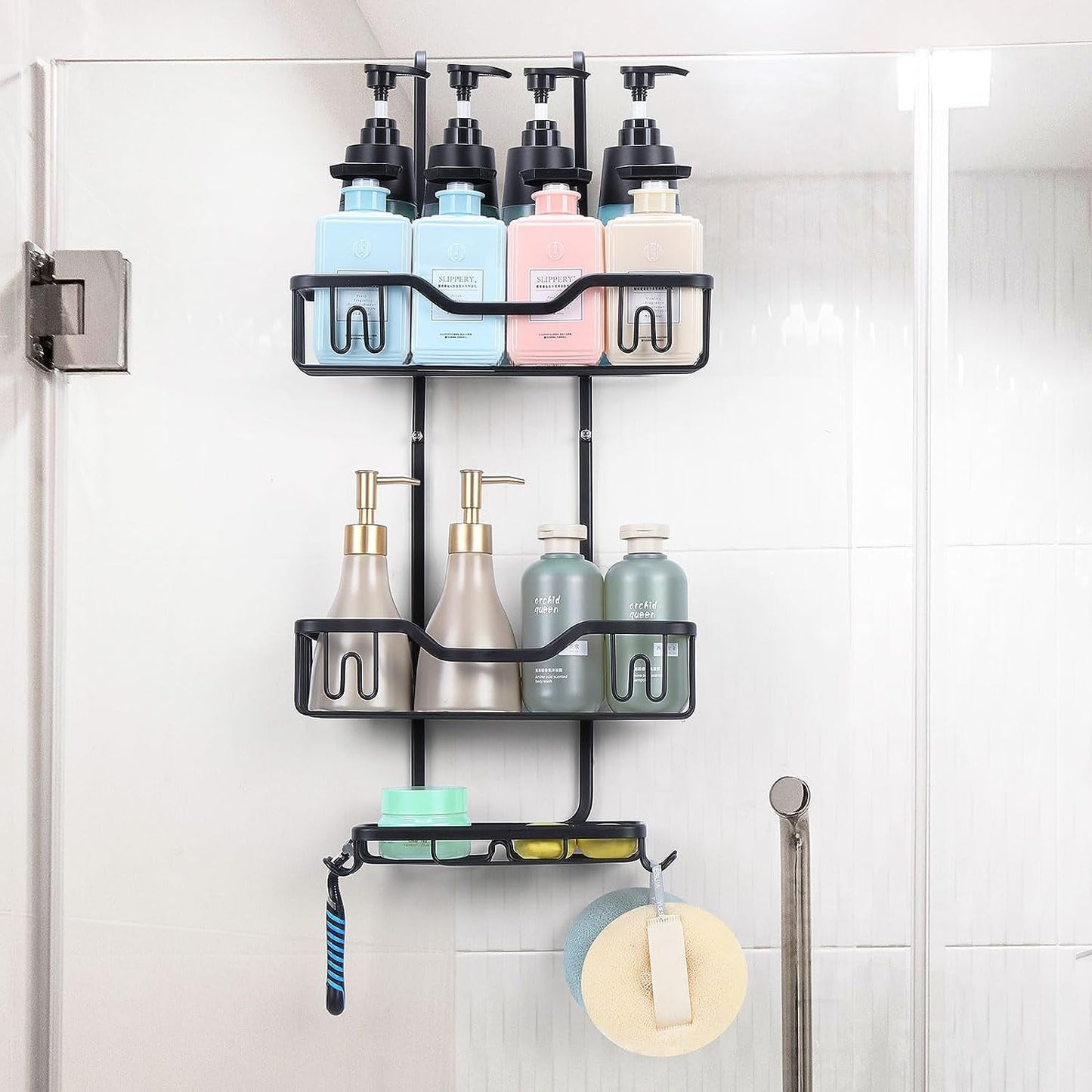 Hanging Shower Caddy Bathroom Shower Organizer Shelves with 4 Hooks and Soap Rack, Black