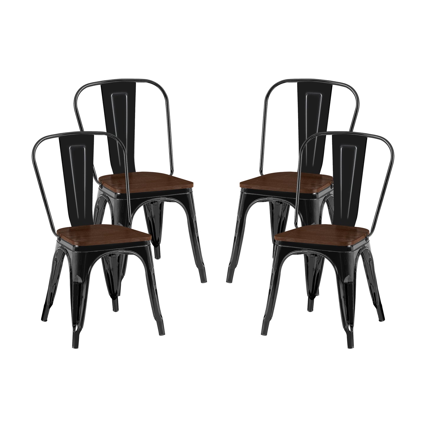 High Gloss White with Walnut Wooden Seat Industrial Metal Dining Chairs 18 Inch Seat Height Stackable, Set of 2