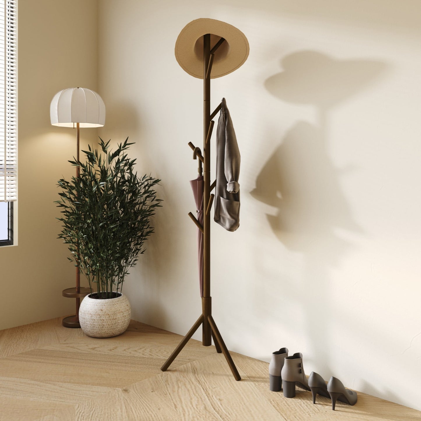 Home Design Houma Solid Wood Freestanding 8-Hook Coat Rack, Brown – Entryway, Hallway, Bedroom Organizer for Jackets & Hats