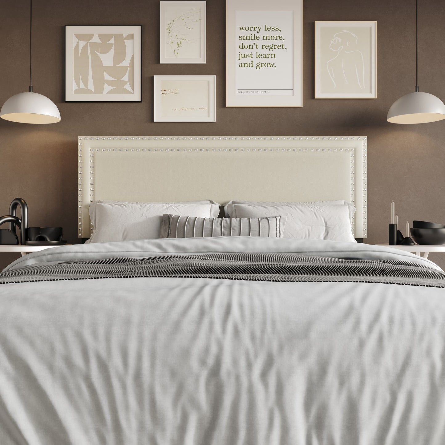 Home Design Sarasota Queen Upholstered Headboard with Double Nailhead Trim and Foam Padding, Cream, Easy Assembly