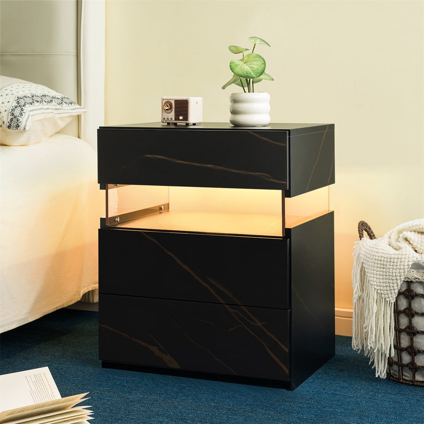 Hommoo 3 Drawer Dresser LED Nightstands, End Table Bedside Tables for Bedroom, Living Room, Gray