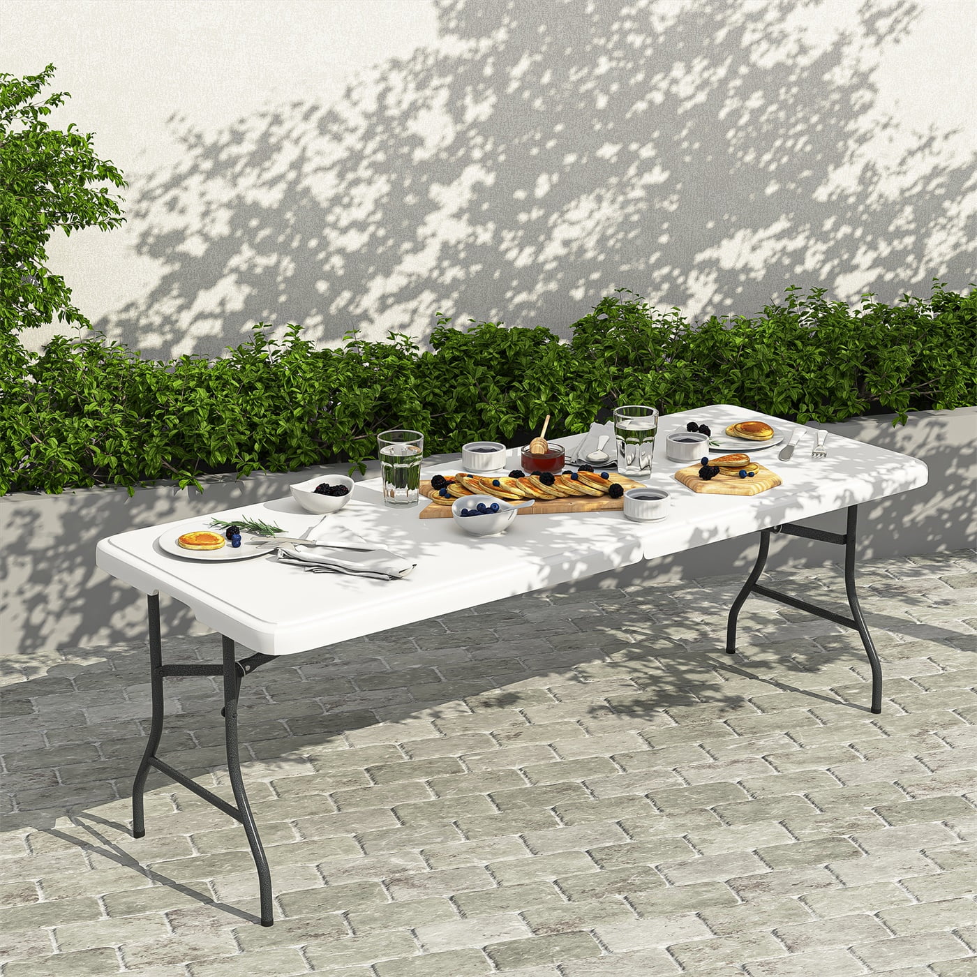 Hommoo 6ft Plastic Dining Picnic Table, Portable Fold-in-Half Table Folding Table for Home Office Party Picnic, with Lock, White