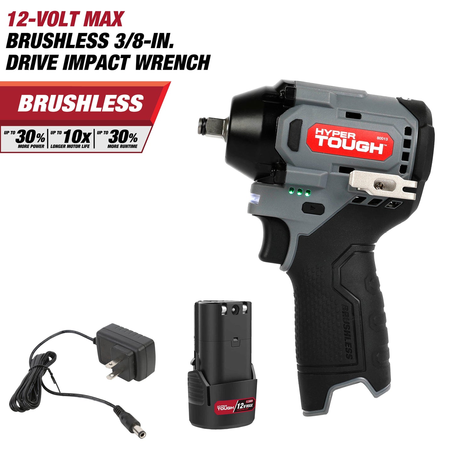 Hyper Tough 80013 12V Max Brushless Impact Wrench, Click Fit Accessories Bundle