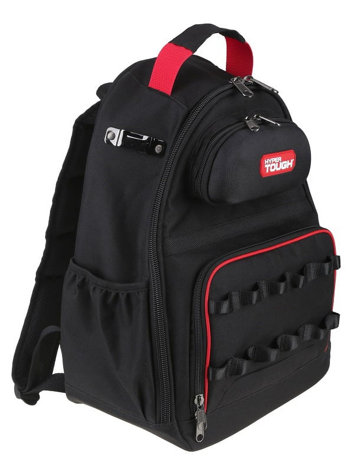 Hyper Tough Mochila de Herramientas Negra con Bolsillos y Lazos, Almacenamiento Portátil de Herramientas con Soporte de Base (Unisex)