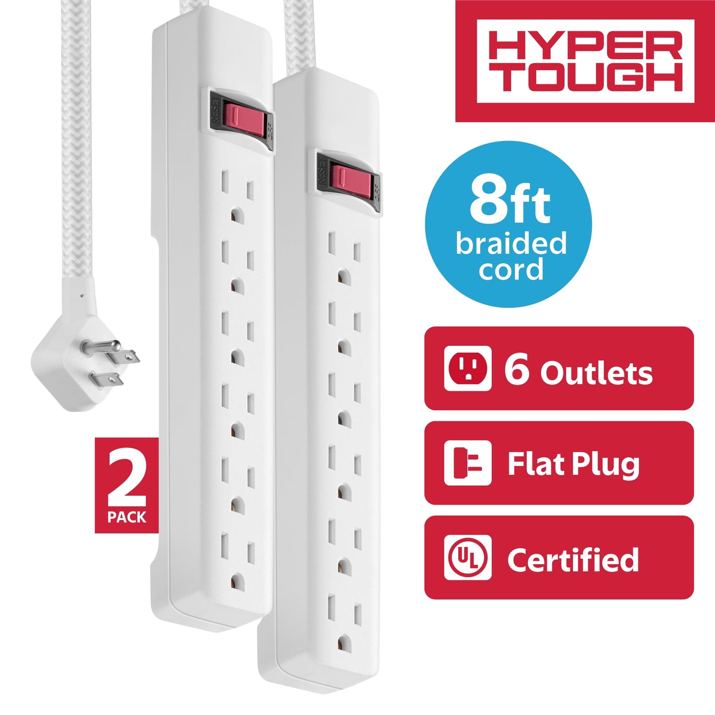 (4 pack) Hyper Tough 6-Outlet Indoor Power Strip, 8 ft Braided Extension Cord, ETL Certified, White, 2-Pack