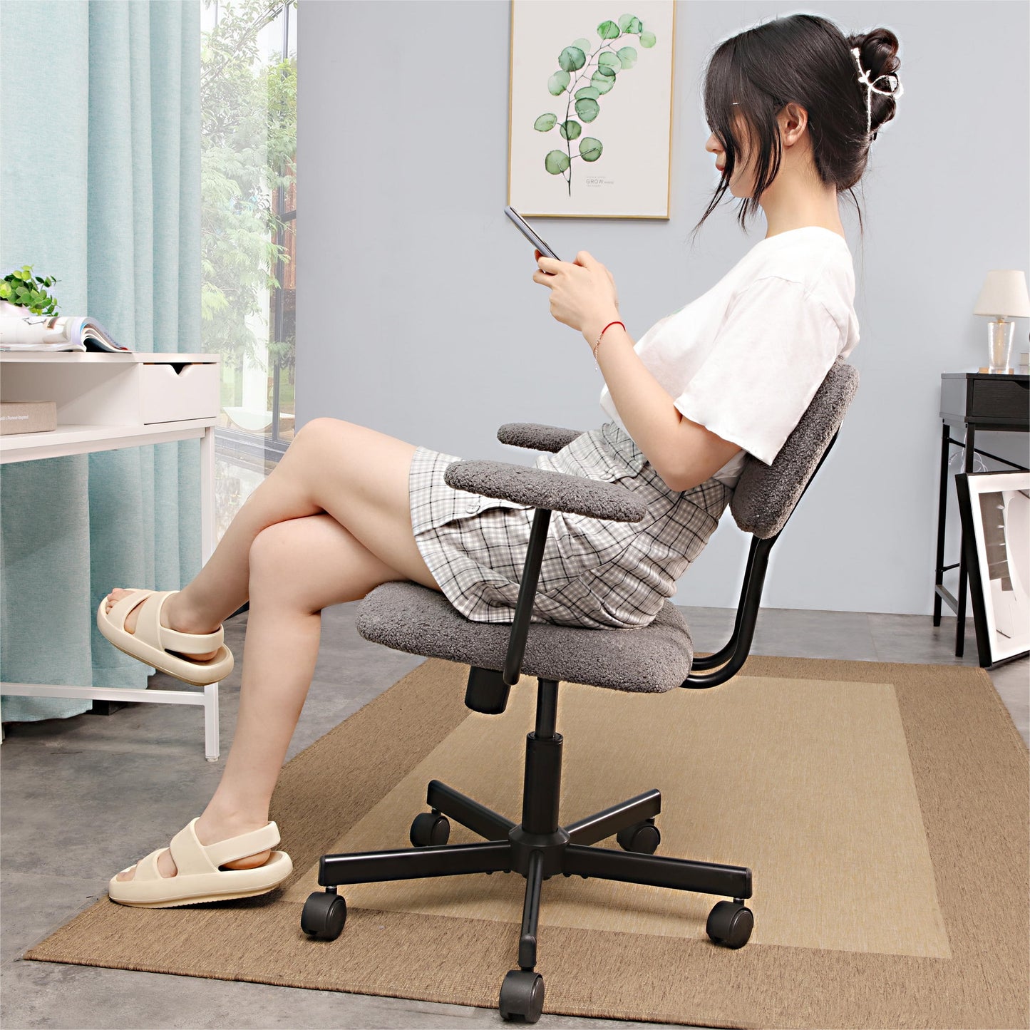 JJS Low Back Velvet Fabric Home Office Computer Chair with Armrest in Gray