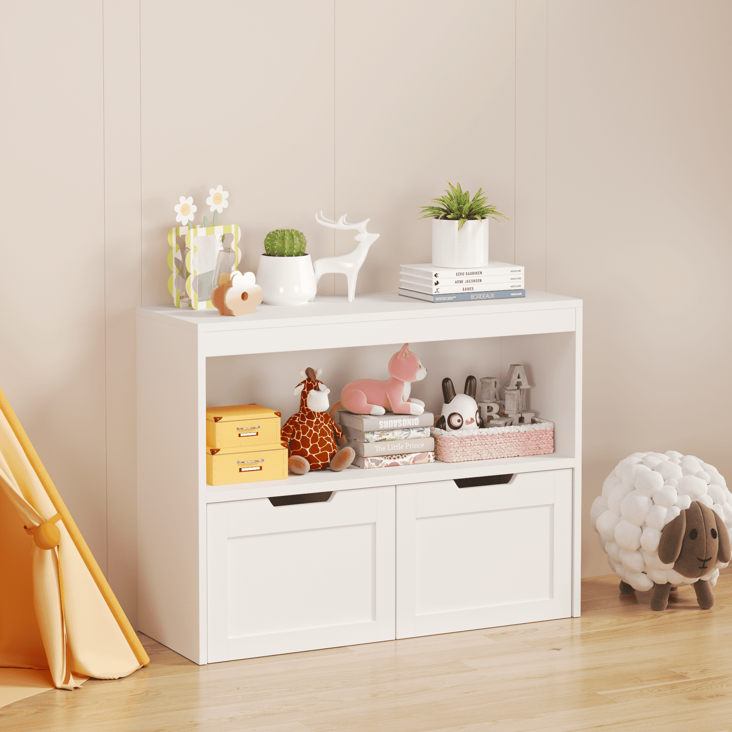 Jopath Kids Bookshelf and Toy Storage with 2 Removable Bins for Bedroom,Playroom,White
