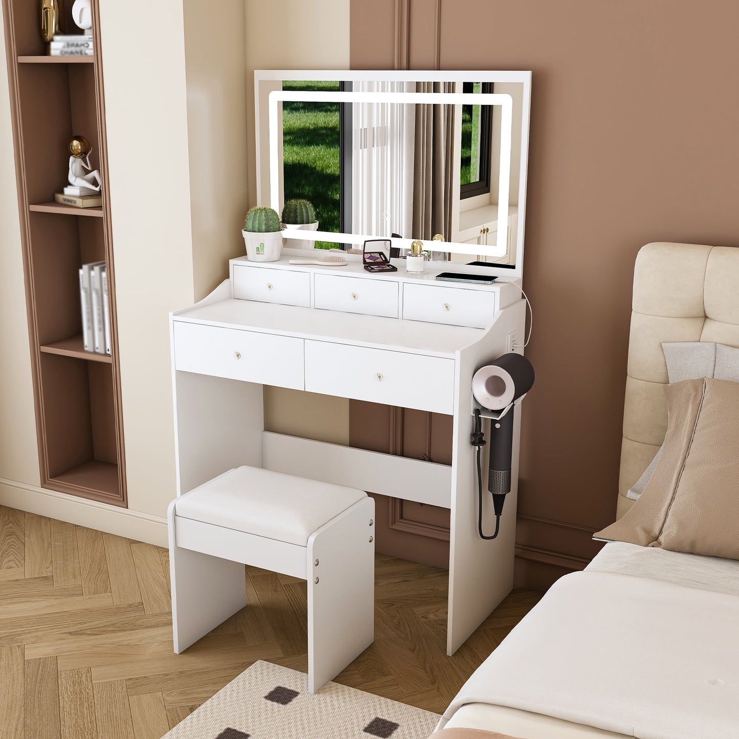 Jopath Large Makeup Vanity Set,Modern Mirror Vanity Desk with 5 Drawers,3 Lighting Color Adjustable Dressing Table for Bedroom,White 02
