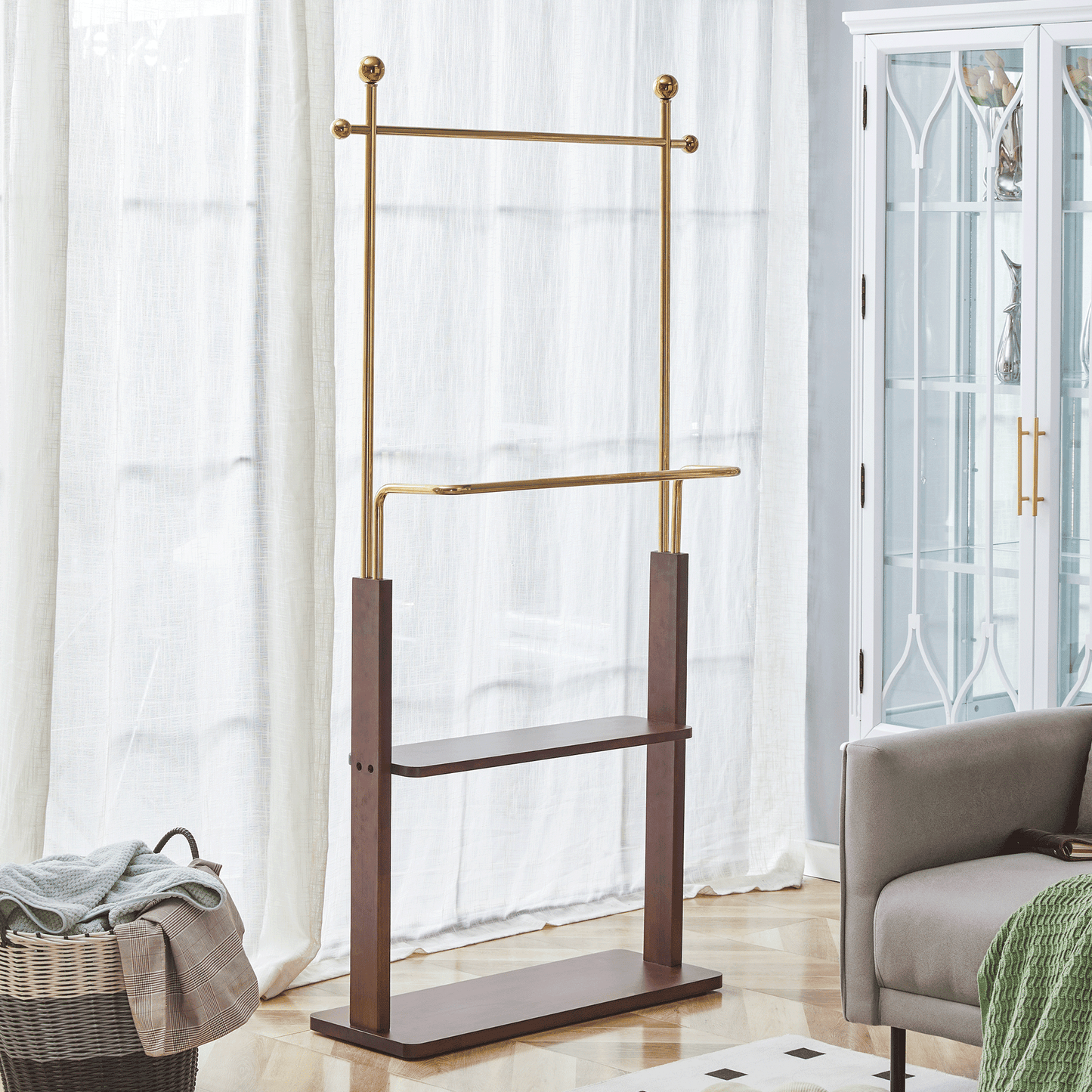 Jopath Solid Wood Double‑Layer Coat Rack Golden Stainless‑Steel Frame 36.2‑Inch Walnut