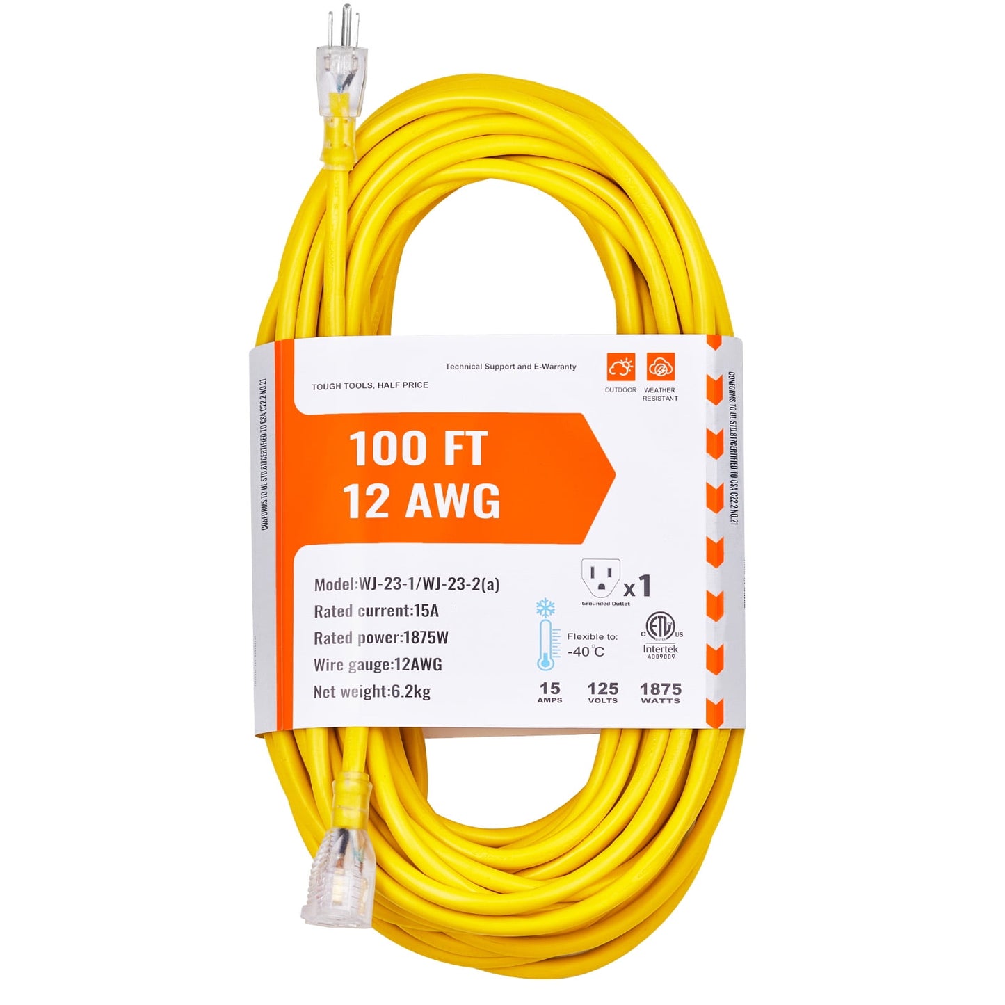 KFFKFF 100FT Robust Extension Cable, 12AWG 15Amps 1875W, Triple Plug Indoor Outdoor Electrical Wire with Illuminated Tip, Bendable & -40°C Cold-Tolerant for Yard, Carport,Household Use, ETL Certified
