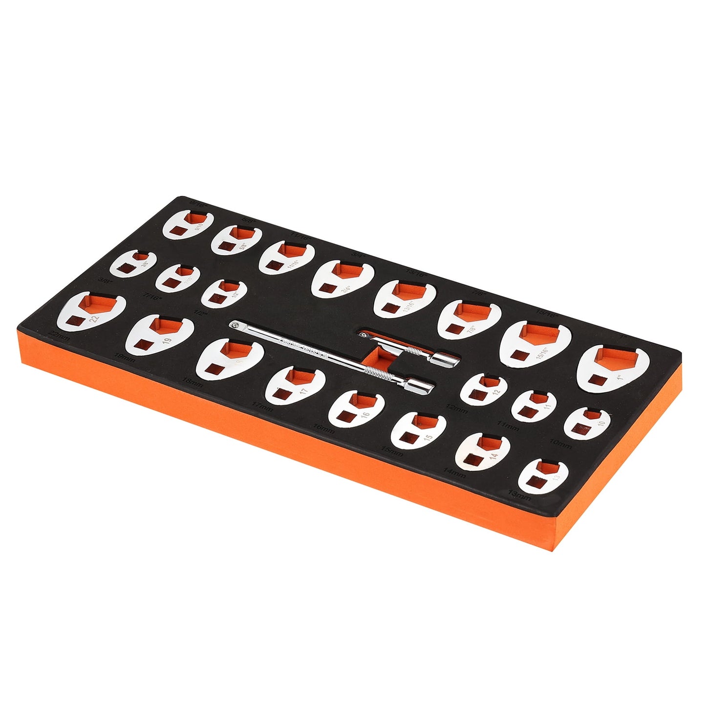 KFFKFF 24-Pc Crowfoot Wrench Kit, SAE & Metric Sizes, 3/8" Drive, Includes 2 Ext. Bars, 10-22mm & 3/8"-1", CR-MO Steel, EVA Organizer
