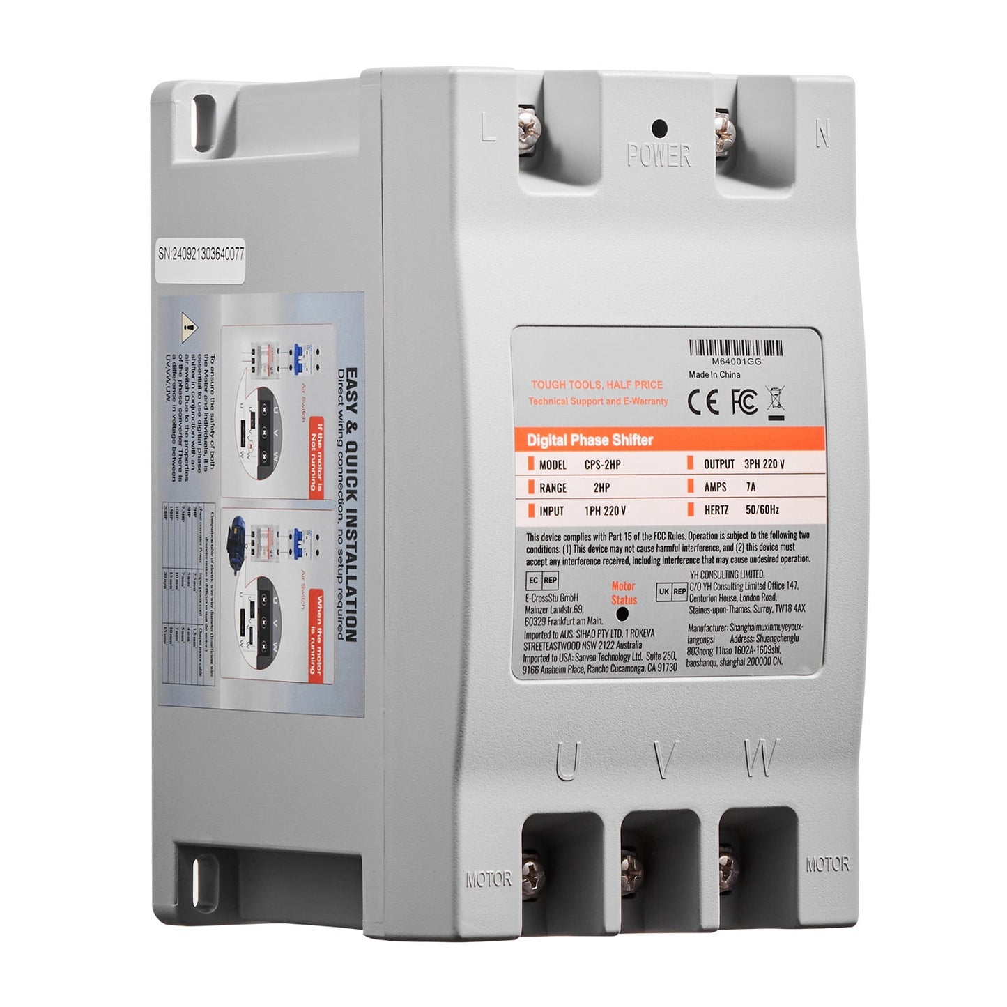 KFFKFF 3 Phase Converter - 2HP 7A 220V Single to 3 Phase Converter, 220V Input/Output, Digital Phase Shifter for Home and Light Commercial Applications (Supports One Motor Only)