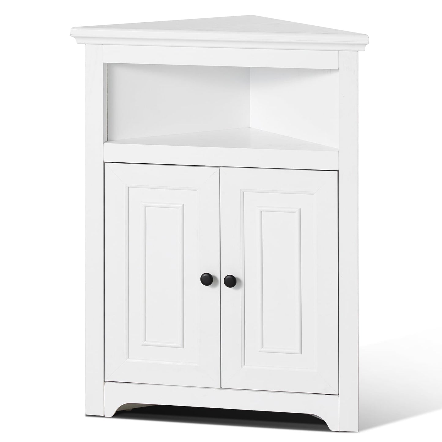 KFFKFF 32" Corner Utility Cabinet, Tri-Level Compact Storage Unit with Dual Wooden Doors & Flexible Shelving, Independent Corner Cabinet for Lounge, Kitchen, Laundry Area, Restroom, in White